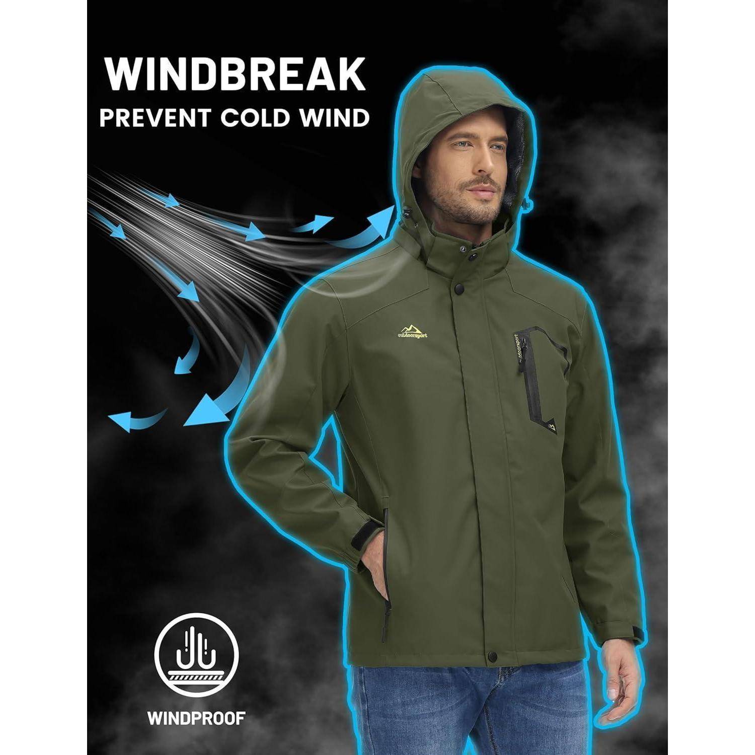 Eine Person in einer Kapuzenjacke mit Windschutz steht selbstbewusst. Pfeile zeigen die Fähigkeit der Jacke, kalten Wind abzuweisen. Text lautet: 