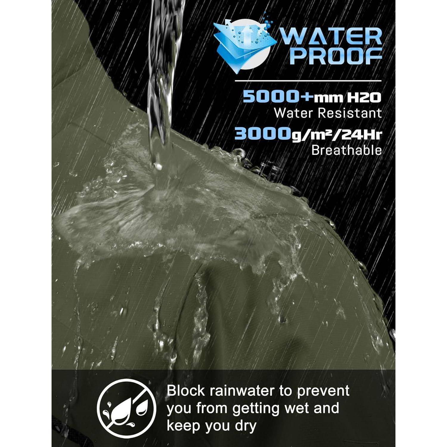 Regenwasser fließt von einer wasserdichten Jacke ab. Text hebt Merkmale hervor: 'Wasserdicht', '5000+mm H2O Wasserbeständig', '3000g/m²/24Std Atmungsaktiv'.