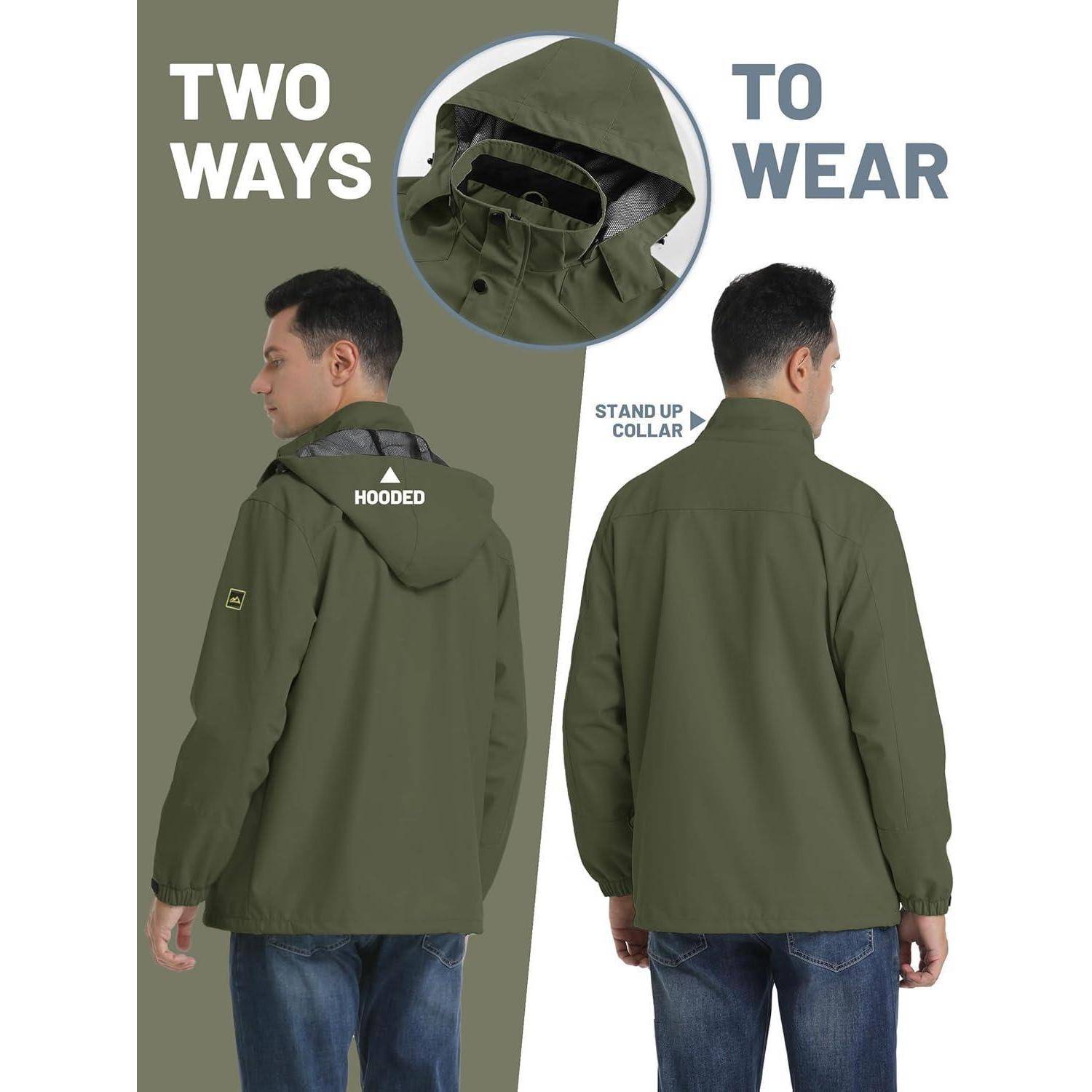 Outdoorjacke Herren wasserabweisend abnehmbare Kapuze XL Armeegrün