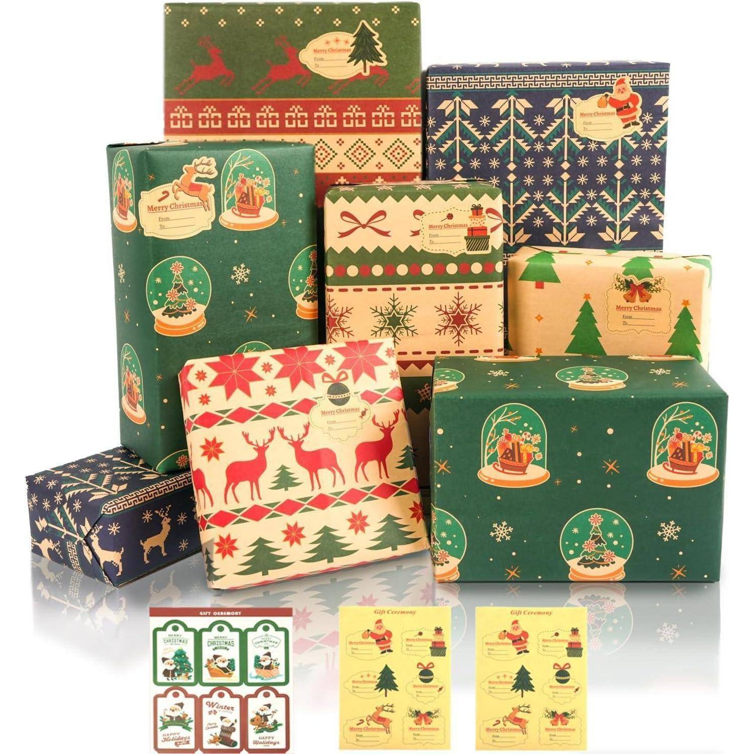 Weihnachten Geschenkpapier Set Retro Kraftpapier 6 Blatt 76x50cm mit