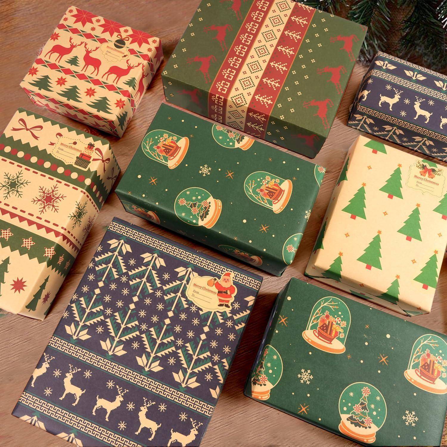 Weihnachten Geschenkpapier Set Retro Kraftpapier 6 Blatt 76x50cm mit