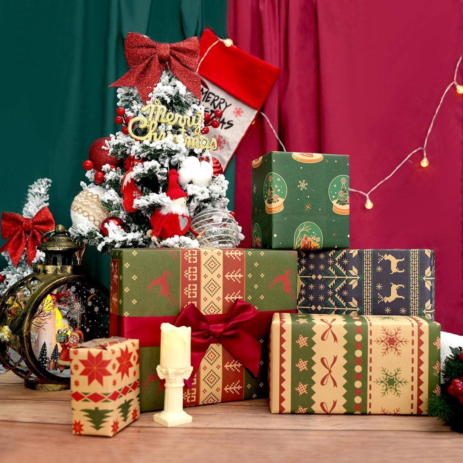 Weihnachten Geschenkpapier Set Retro Kraftpapier 6 Blatt 76x50cm mit