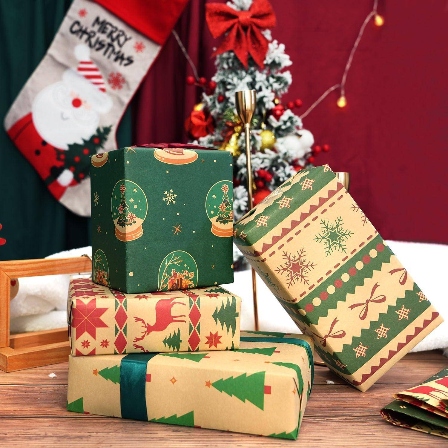 Weihnachten Geschenkpapier Set Retro Kraftpapier 6 Blatt 76x50cm mit