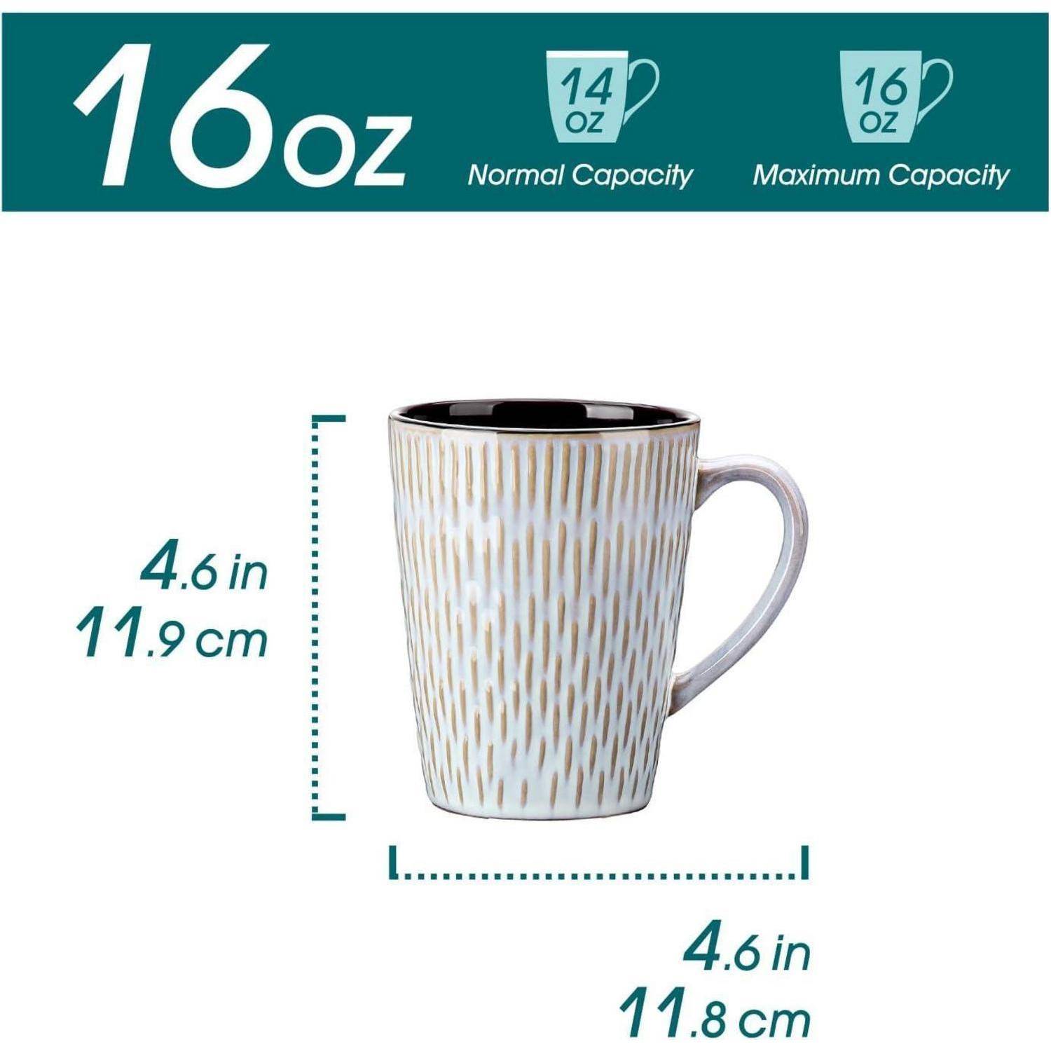 Tasse mit Muster, maximale Kapazität 16 oz, mit Abmessungen dargestellt: 4,6 Zoll (11,9 cm) hoch und breit; Standardkapazität beträgt 14 oz.