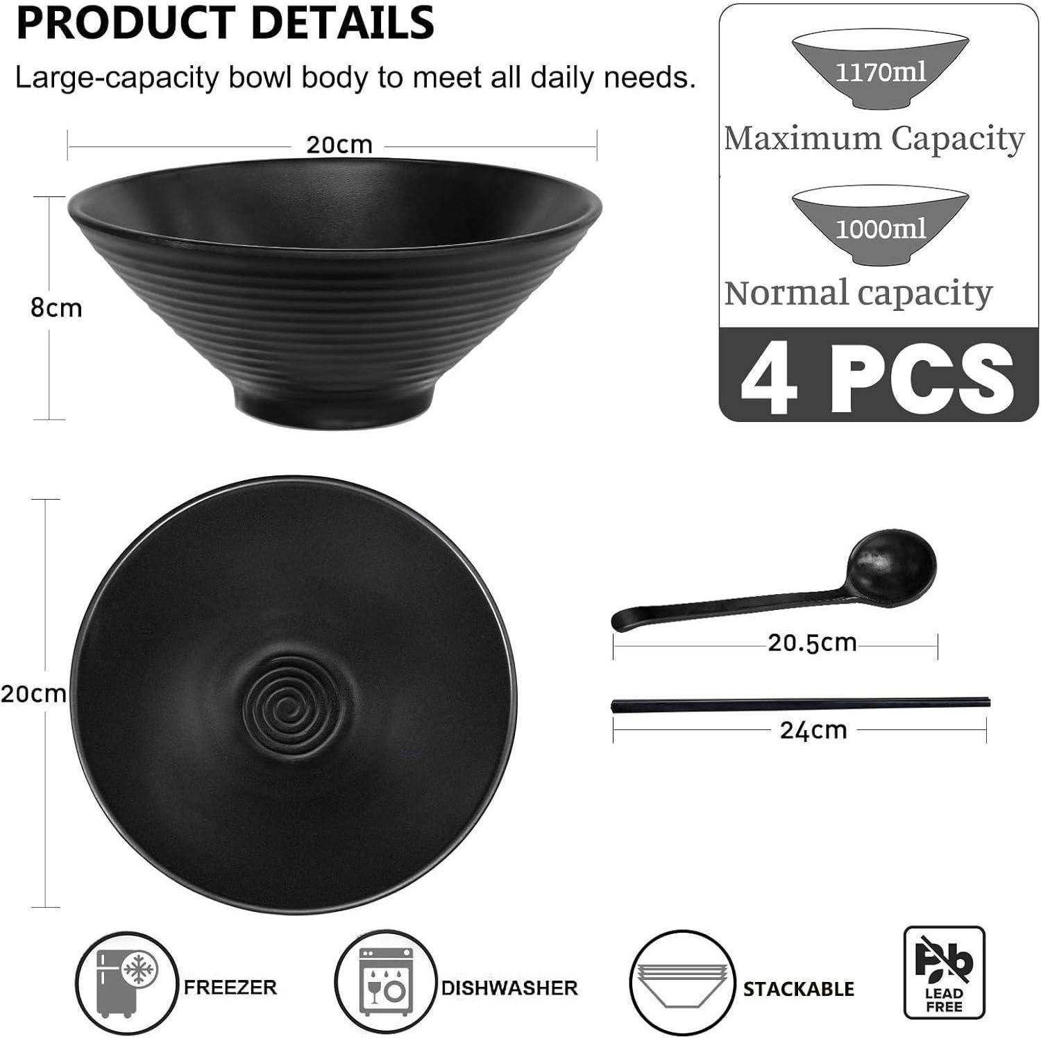 Schwarzes Nudelschüssel-Set mit Löffel, 4-teilig. Schüssel: 20 cm breit, 8 cm hoch, 1000 ml Fassungsvermögen. Gefriergeeignet/spülmaschinenfest, stapelbar.