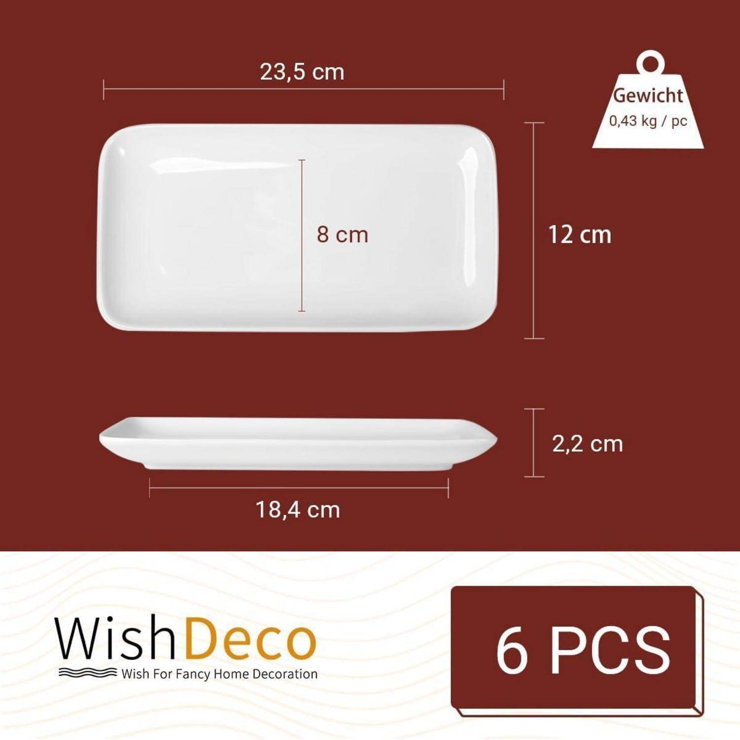 Weißer rechteckiger Teller, Abmessungen 23,5 cm x 12 cm, Höhe 2,2 cm, Gewicht 0,43 kg. Set mit 6 Stück, Marke WishDeco, zur Heimdekoration.