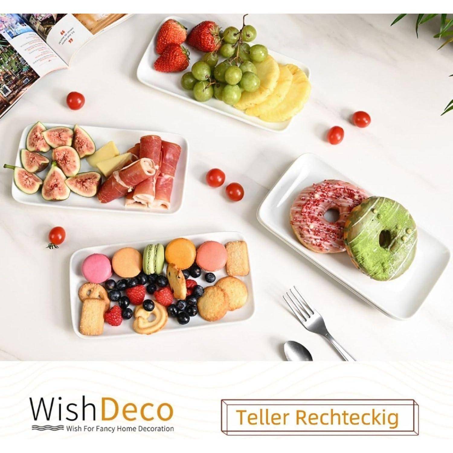 Teller mit verschiedenen Obstarten, Gebäck und Donuts auf einem weißen Tisch, mit dem 'WishDeco' Logo und dem Text 'Teller Rechteckig' am unteren Rand.