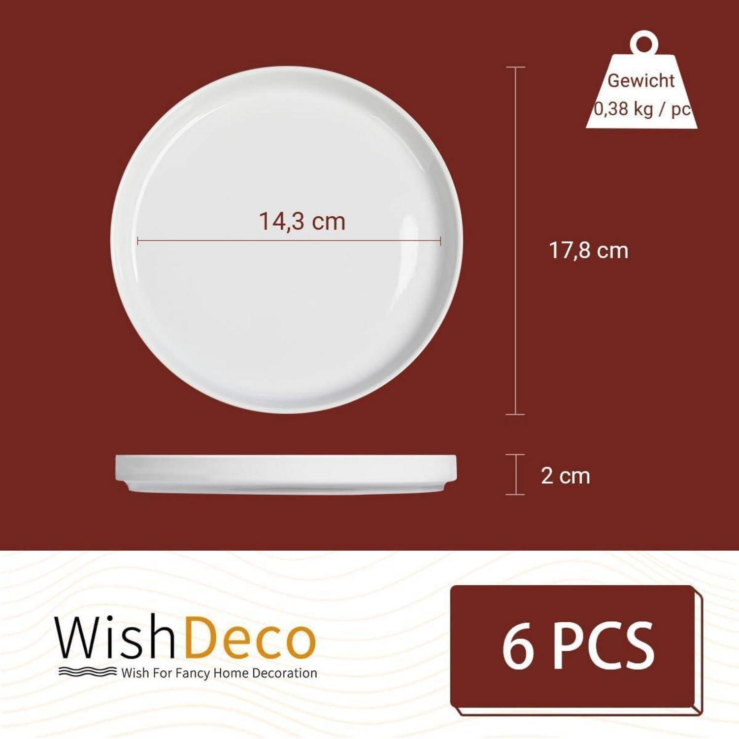 Satz von 6 runden weißen Tellern, jeweils 14,3 cm im Durchmesser, 2 cm hoch, mit einem Gewicht von 0,38 kg.