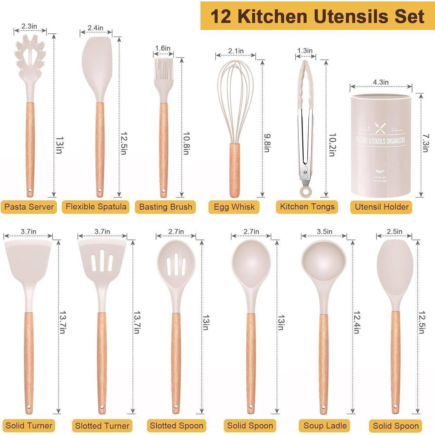 12-teiliges Küchenutensilien-Set' mit Bildern und Abmessungen von einem Pastaheber, Pfannenwender, Backpinsel, Schneebesen, Zange, Halter, massivem und gelochtem Wender, gelochtem Schöpflöffel, Schöpfkelle und massivem Löffel.
