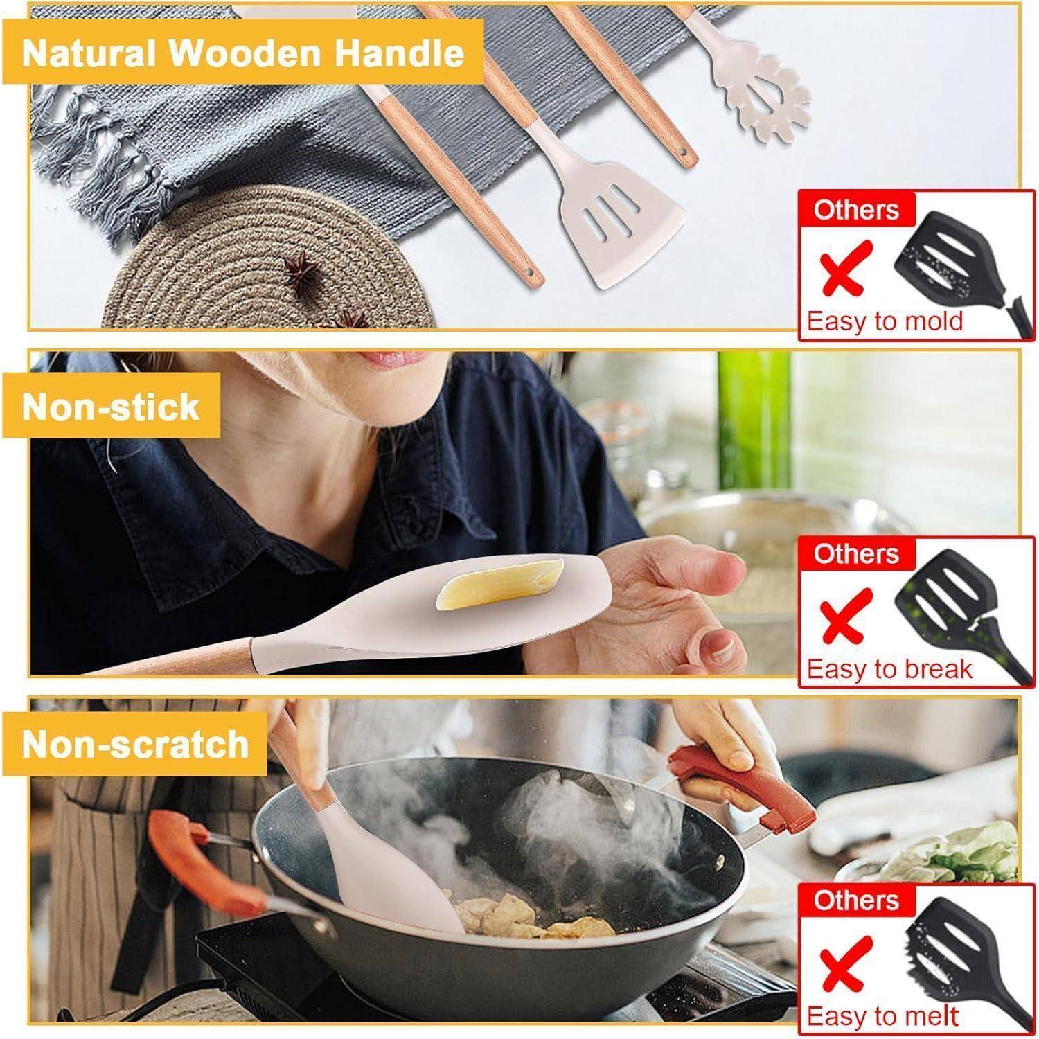Das Bild vergleicht Küchenutensilien aus rutschfestem, kratzunempfindlichem Material mit natürlichen Holzgriffen mit Plastikalternativen, die leicht zu formen und zu brechen sind.
