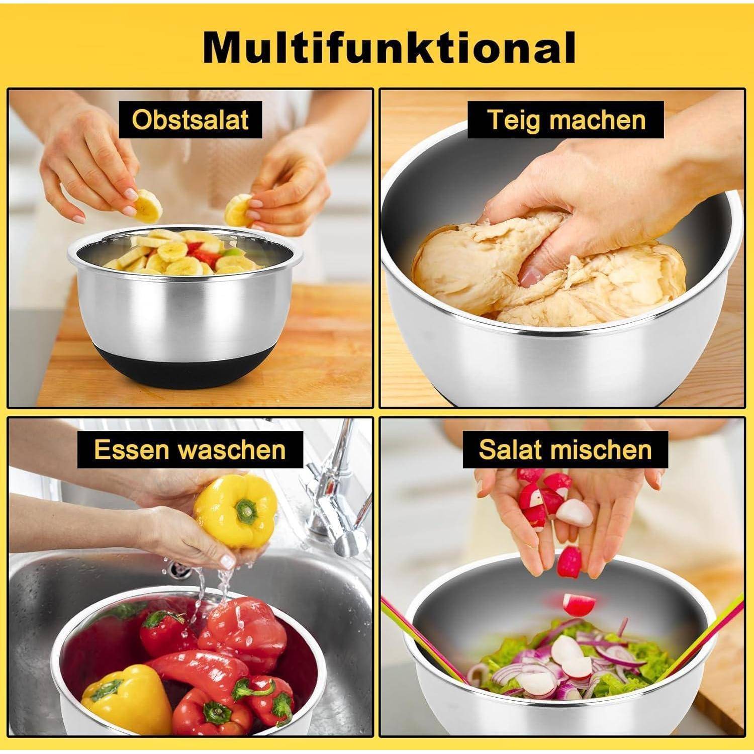 Multifunktionale Schüssel mit vier Aktionen: Obst waschen, Teig zubereiten, Lebensmittel reinigen und Salat mischen, jeweils in einer Metallschüssel.
