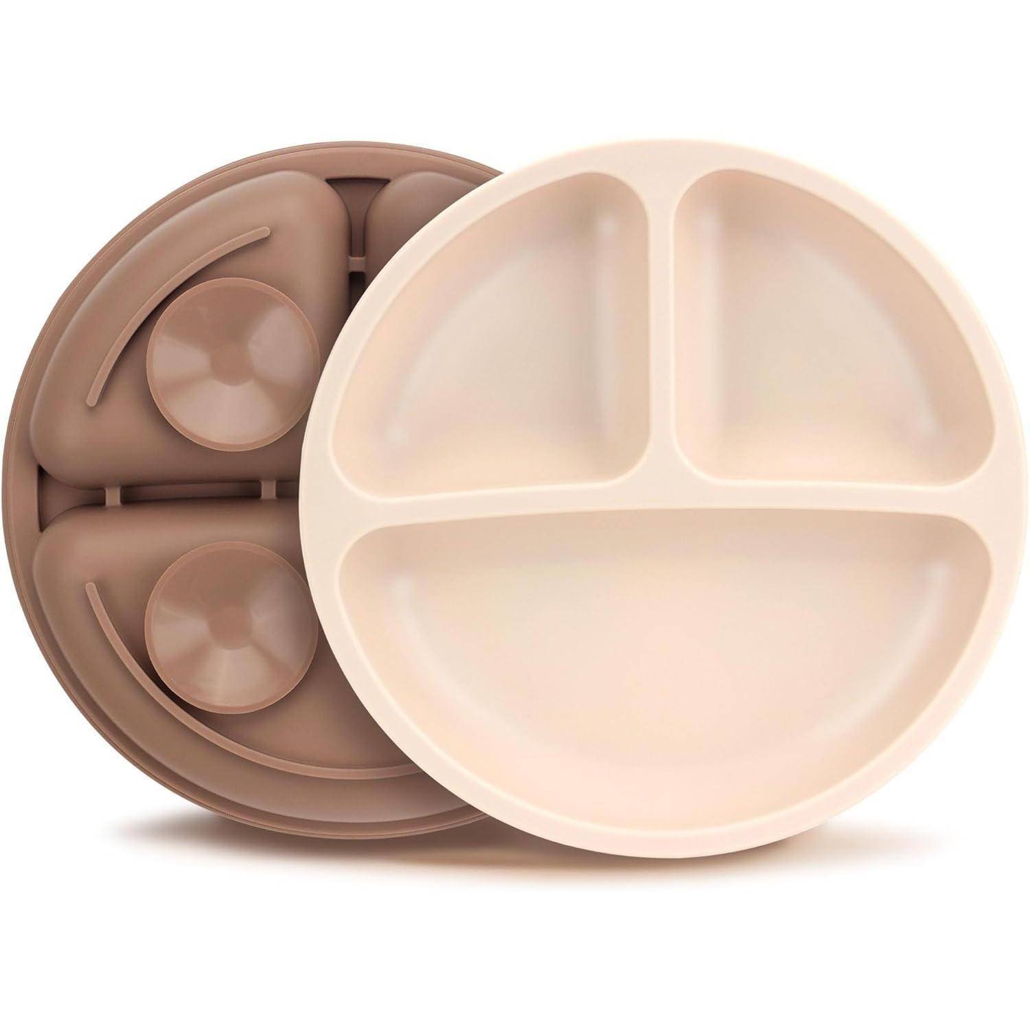 Kinderteller mit Saugnapf und dreifacher Esszone in Walnuss Beige