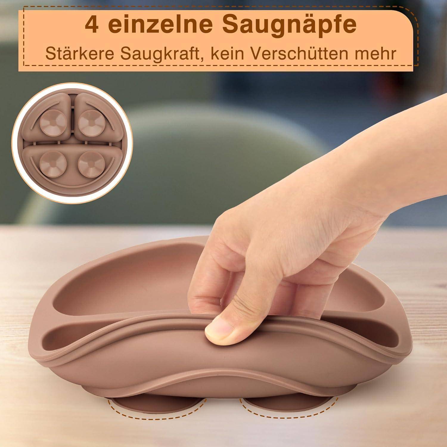 Kinderteller mit Saugnapf und dreifacher Esszone in Walnuss Beige