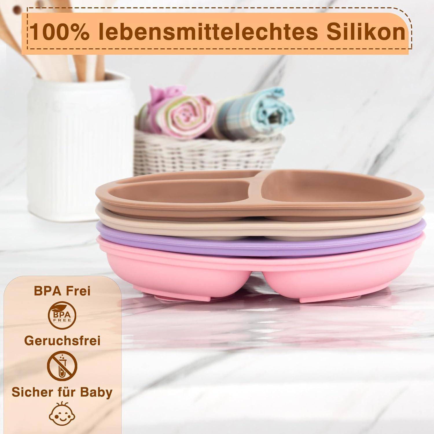 Kinderteller mit Saugnapf und dreifacher Esszone in Walnuss Beige