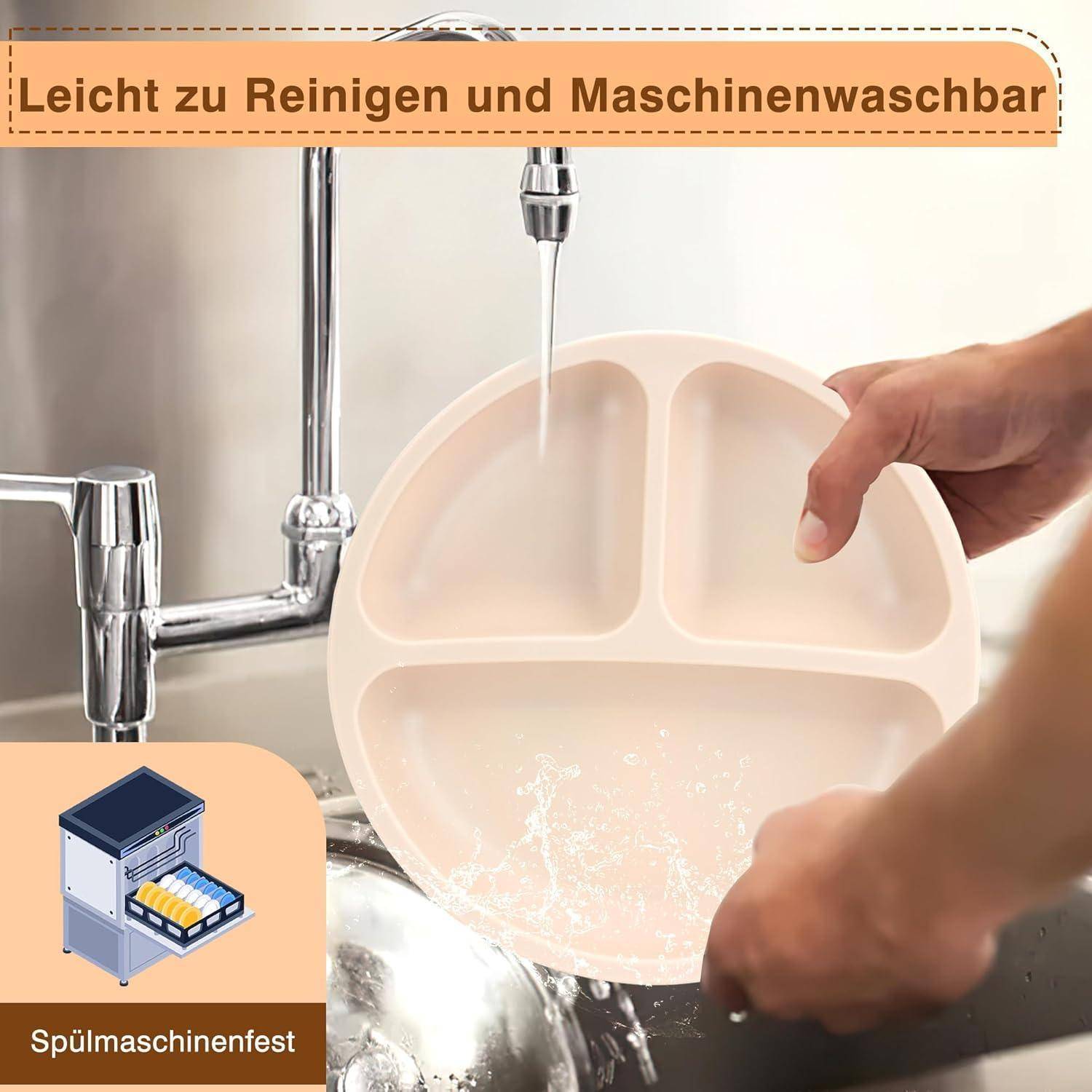 Kinderteller mit Saugnapf und dreifacher Esszone in Walnuss Beige