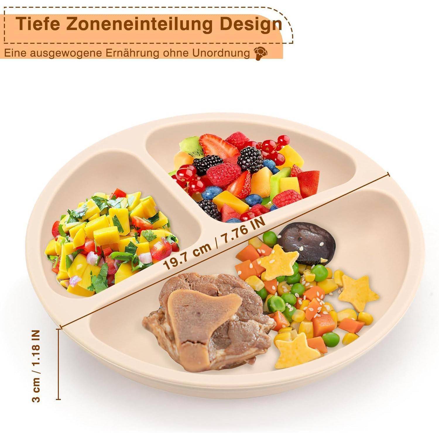 Kinderteller mit Saugnapf und dreifacher Esszone in Walnuss Beige