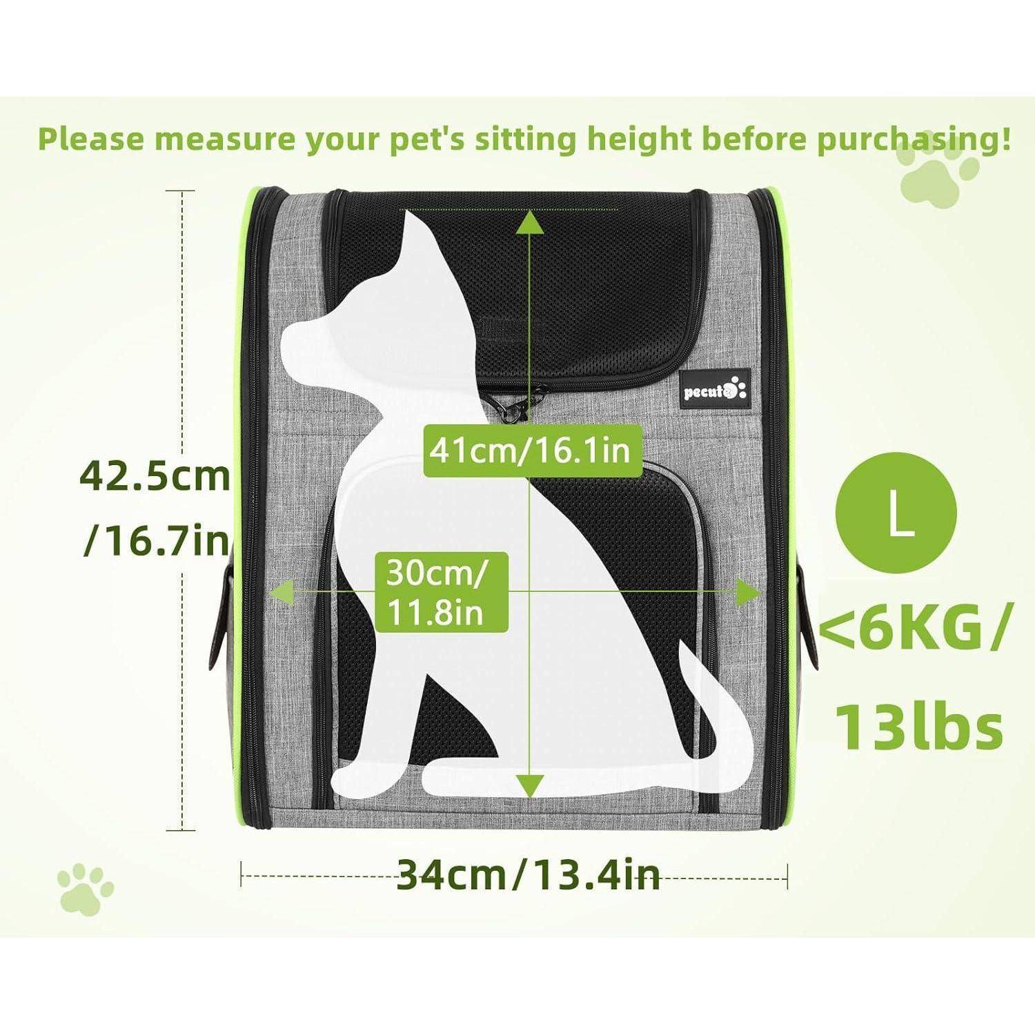 Bitte messen Sie die Sitzhöhe Ihres Haustieres vor dem Kauf.' Abmessungen des Haustier-Rucksacks: 42,5 cm Höhe, 34 cm Breite. Maximales Gewicht des Haustieres: 6 kg/13 lbs.