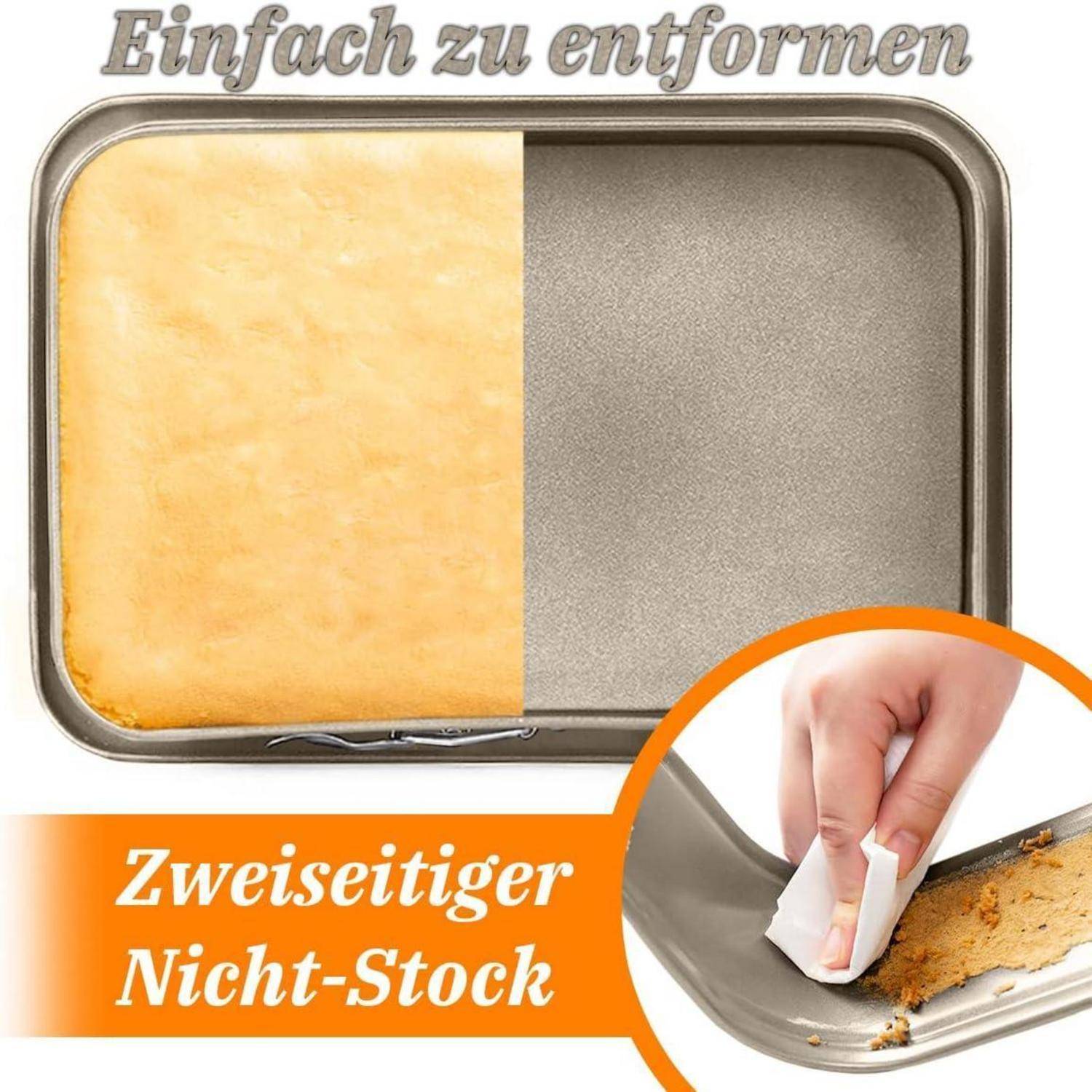 Ein Backblech mit der Hälfte eines gebackenen Artikels, entfernt, mit Texteinblendung: 
