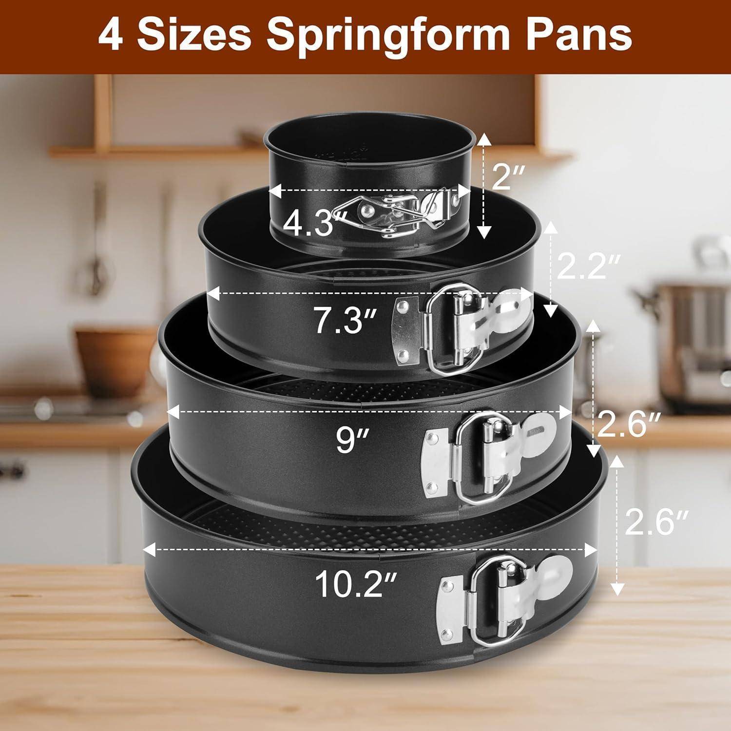 4 Größen Springformen, in einer Küchenumgebung dargestellt, Größen umfassen 4,3', 7,3', 9' und 10,2', jeweils mit Höhenangaben.