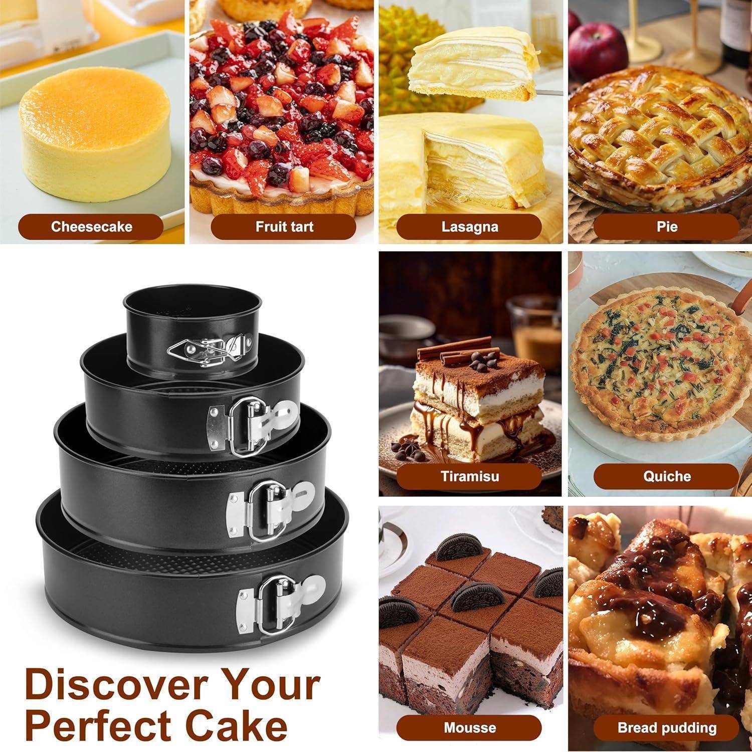 Verschiedene Backwaren wie Käsekuchen, Tarte, Lasagne und mehr. Ein Stapel Kuchenformen ist in der Mitte platziert. Text lautet: ‚Entdecke deinen perfekten Kuchen'.