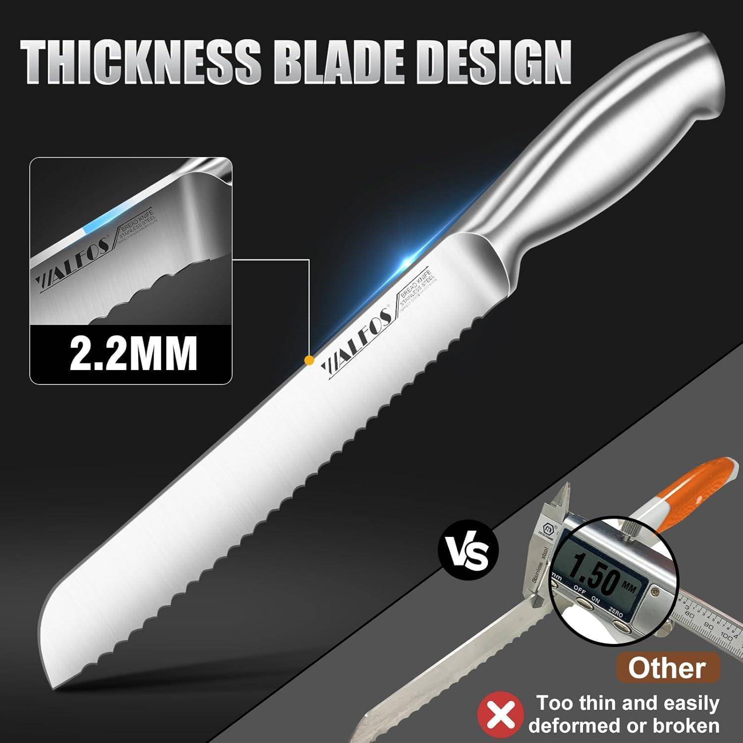 Messer mit gezackter Klinge und '2.2MM' Beschriftung, zeigt Dicke im Vergleich zur dünneren Klinge, die bei '1.50 MM' Messung bricht.