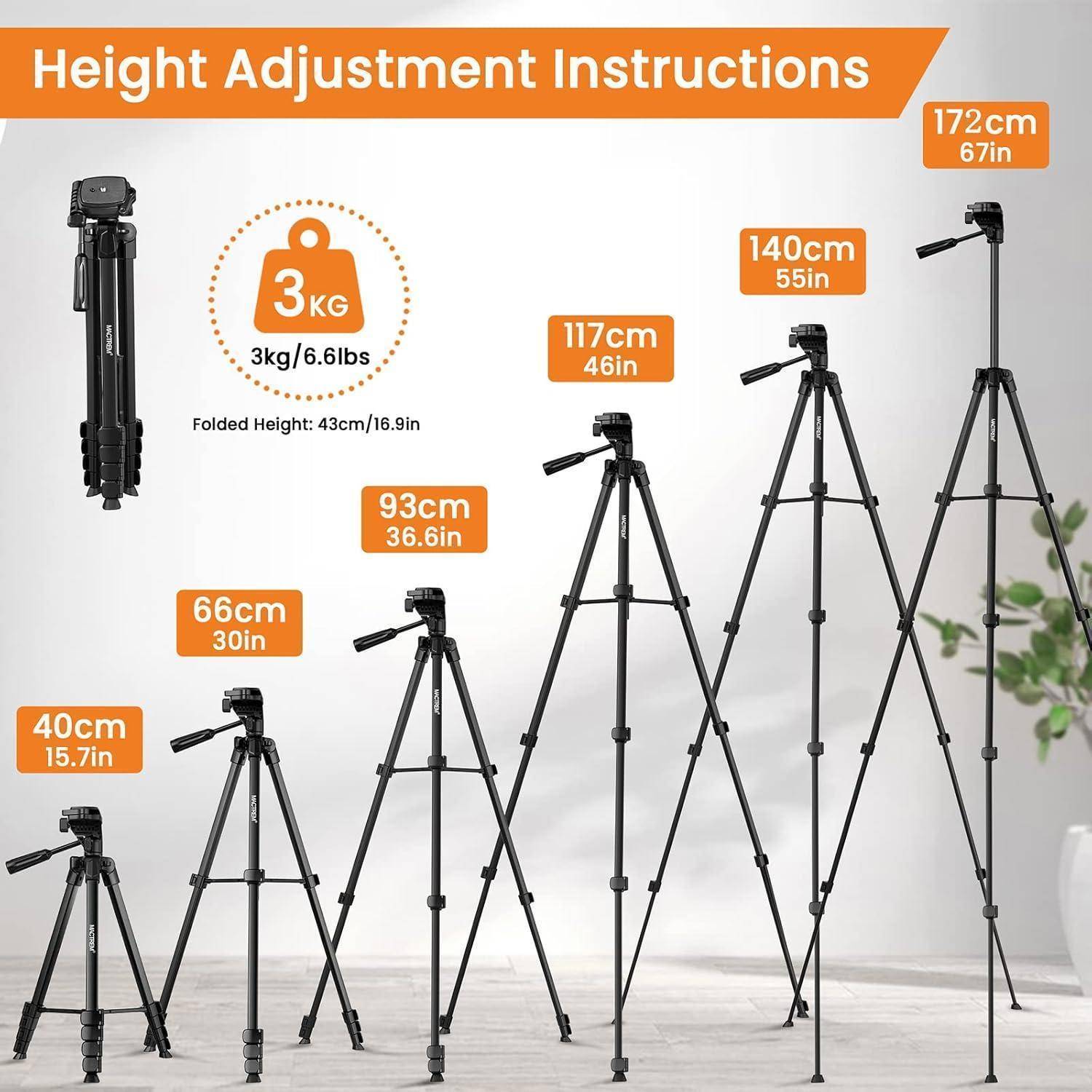Handy Stativ 2024 Upgrade 172cm Schwarz Smartphone iPad Tripod