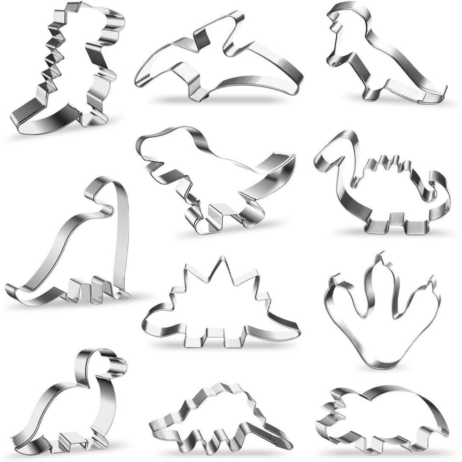 Zwölf dinosaurier-förmige Ausstechformen mit verschiedenen Dinosaurier-Designs, darunter T-Rex und Stegosaurus, aus Metall.