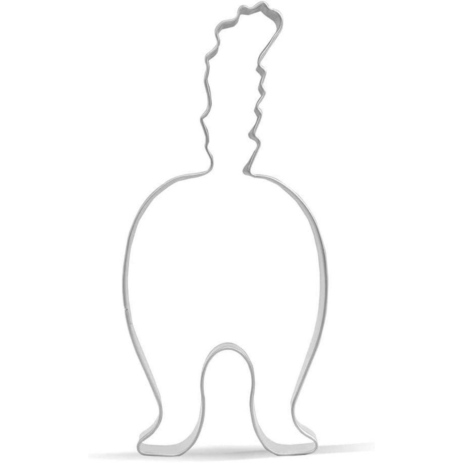 Ein Ausstechform aus Metall in Form eines aufrecht stehenden Dinosauriers mit langem Hals und zwei Beinen.