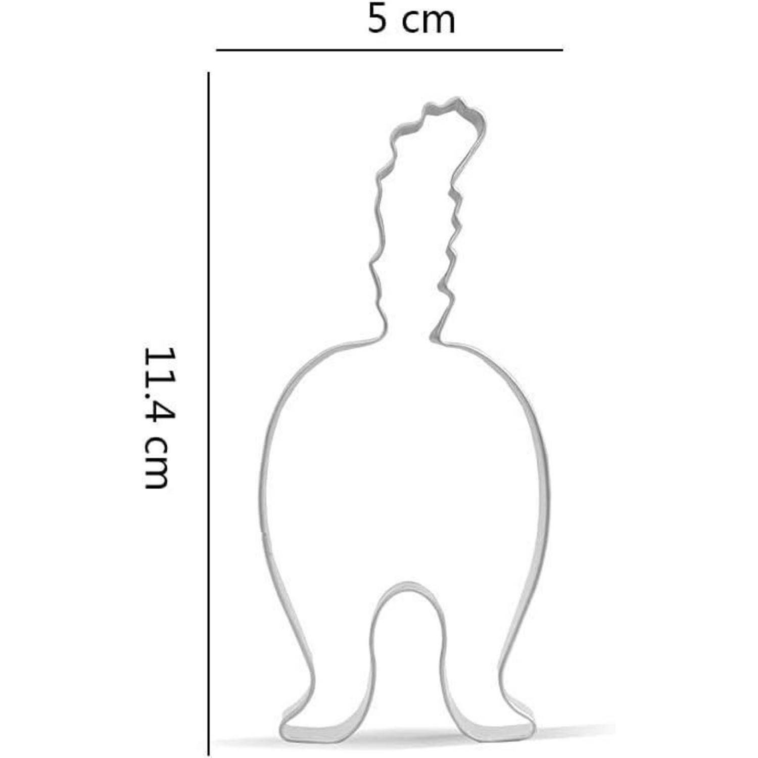 Ein Metallausstecher in Form einer Figur mit einer verdickten Unterseite und gewelltem oberen Rand, der 11,4 cm hoch und 5 cm breit ist.