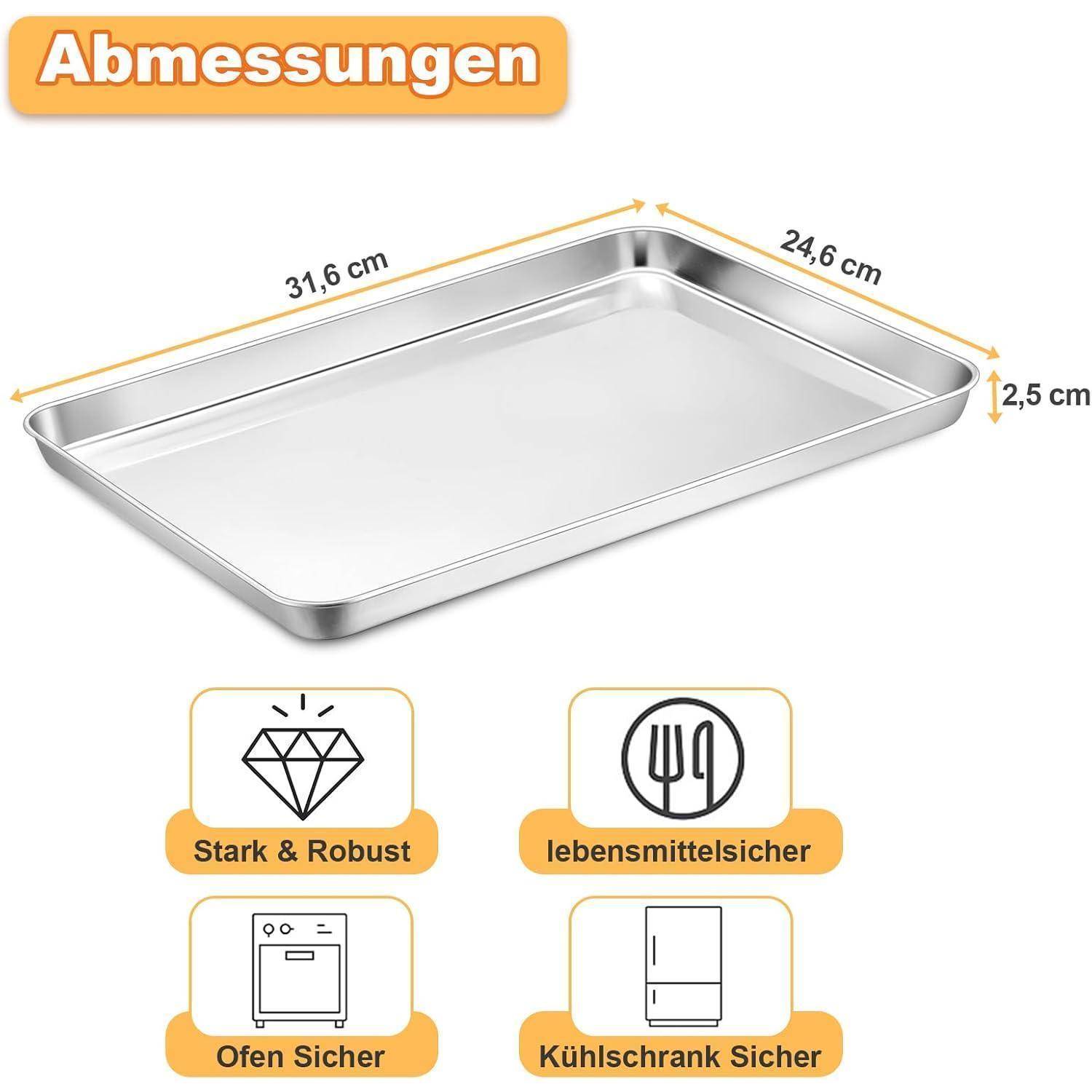 Abmessungen': Metalltablett mit Abmessungen von 31,6 cm x 24,6 cm x 2,5 cm. Symbole zeigen, dass es robust, ofen- und kühlschranktauglich ist.