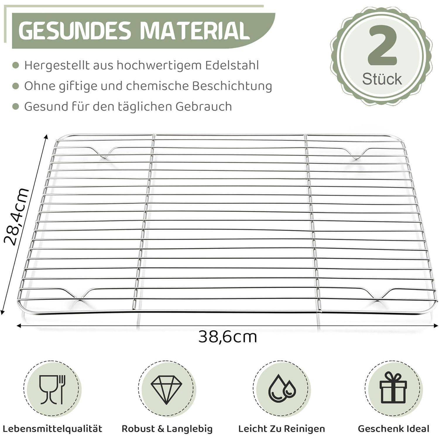 Ein Backofenrost mit Abmessungen von 28,4 cm x 38,6 cm. Beschrieben als „gesundes Material