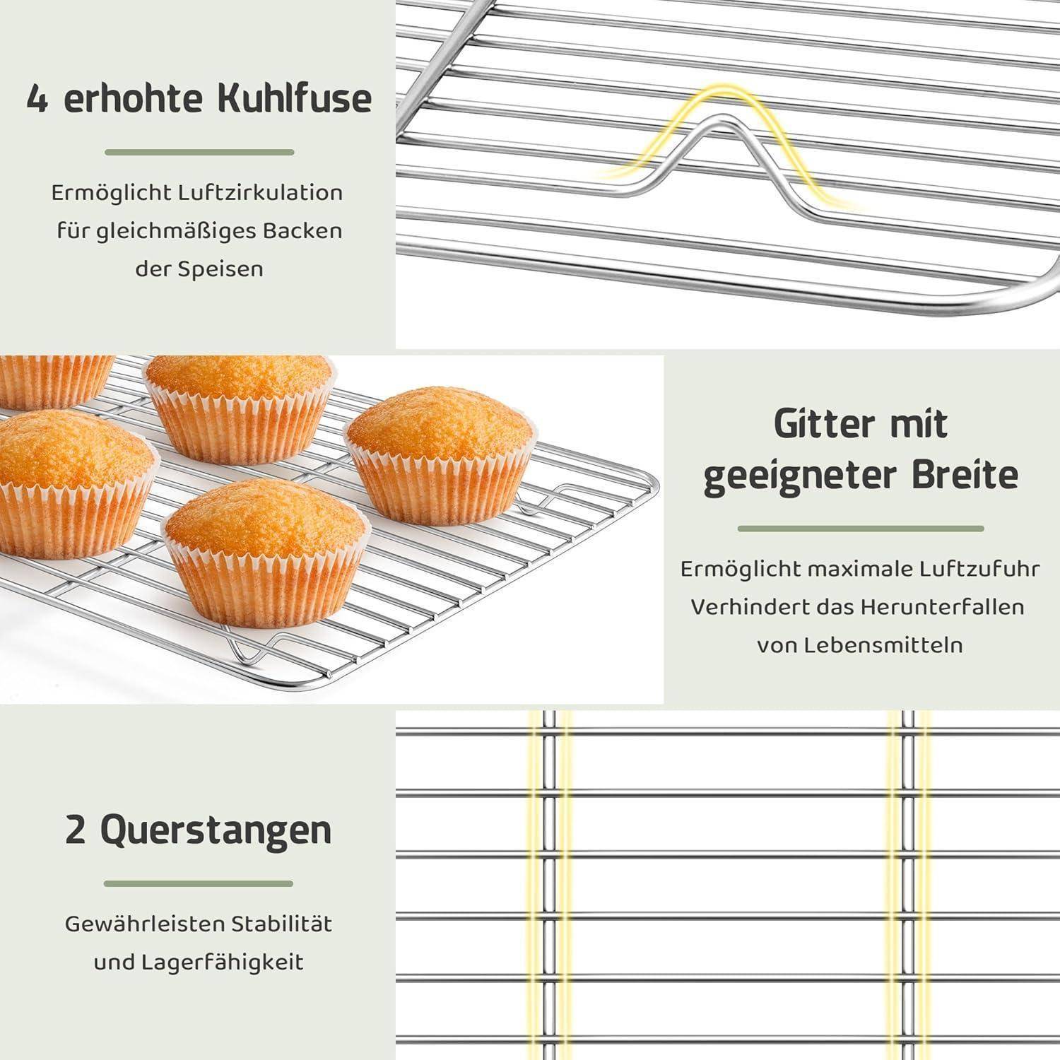 4 erhöhte Kühlerfüße, Drahtgestell mit Muffins zeigt Merkmale zum Backen und zur Lebensmittelstabilität.