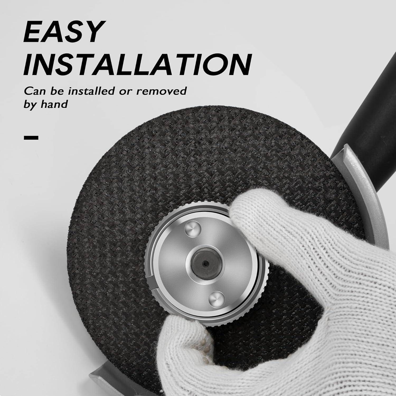 Leichte Installation. Kann von Hand ein- und ausgebaut werden.' Eine Handschuh tragende Hand hält ein kreisförmiges Werkzeug und demonstriert dessen manuelle Installationsfunktion.