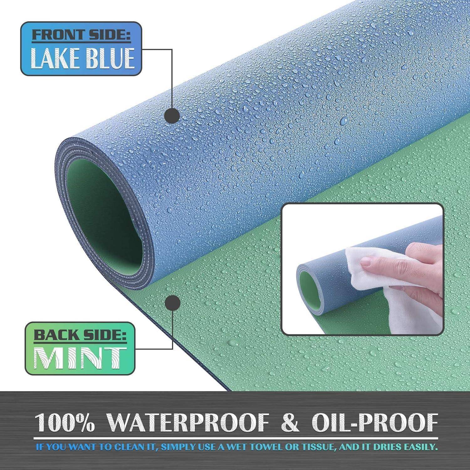 Rolle einer wasserfesten, ölabweisenden Matte mit blauer Vorderseite und Rückseite in Mintfarbe. Text hebt einfache Reinigung mit Handtuch hervor.