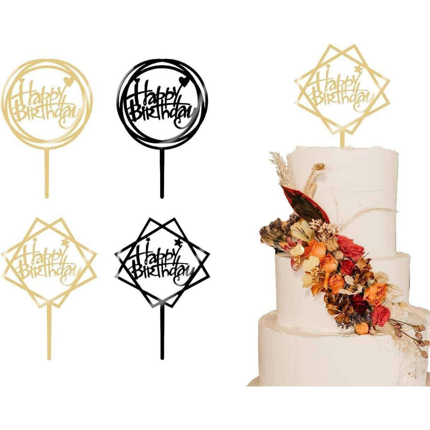 4 Stk. Happy Birthday Cake Topper Geburtstagsdeko Gold Schwarz