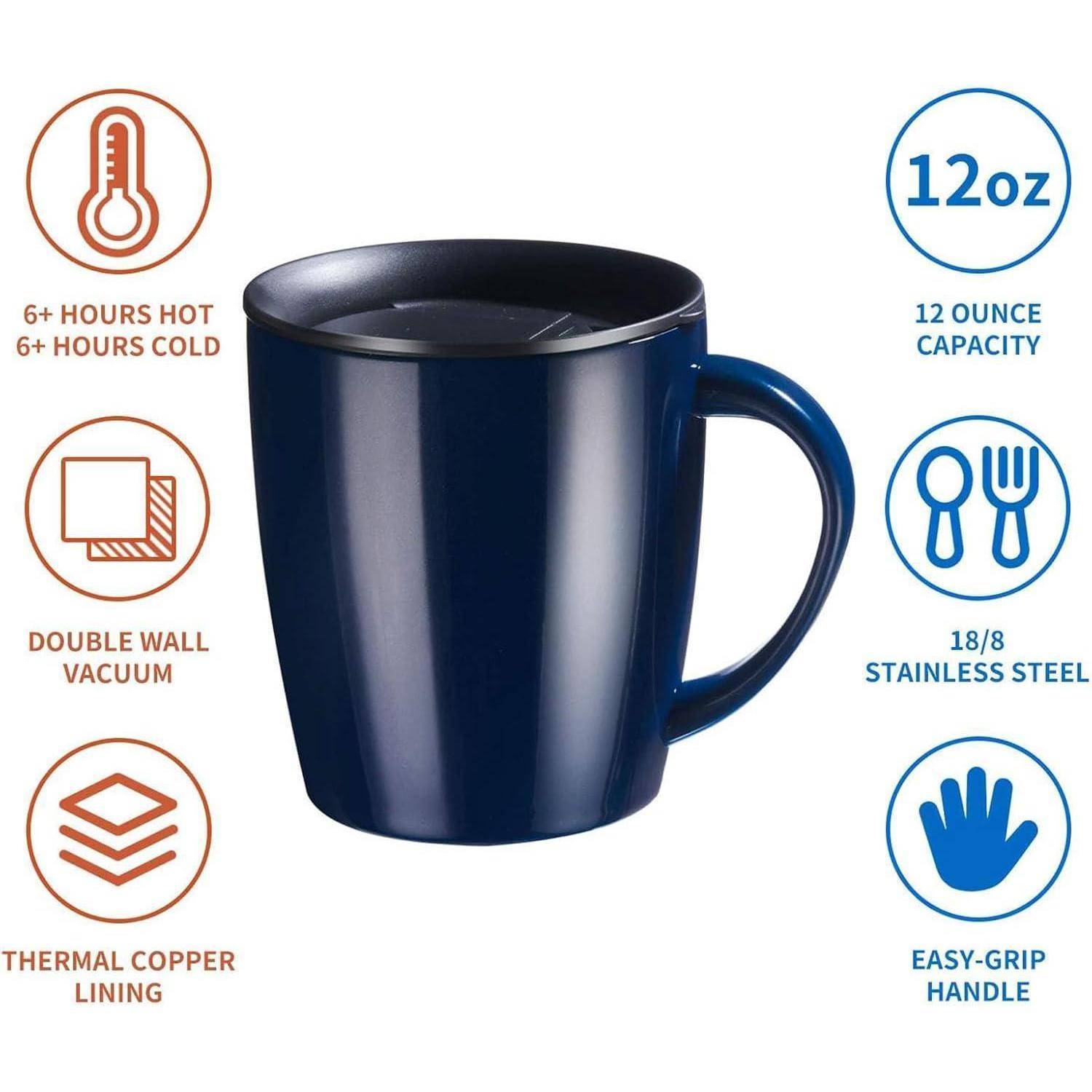 Eine blaue isolierte Tasse mit Deckel, beschriftet mit '12 oz Fassungsvermögen', '8/18 Edelstahl', 'leicht zu greifender Griff', 'doppelwandige Vakuumkonstruktion', 'thermische Kupferauskleidung', '6+ Stunden heiß' und '6+ Stunden kalt'.