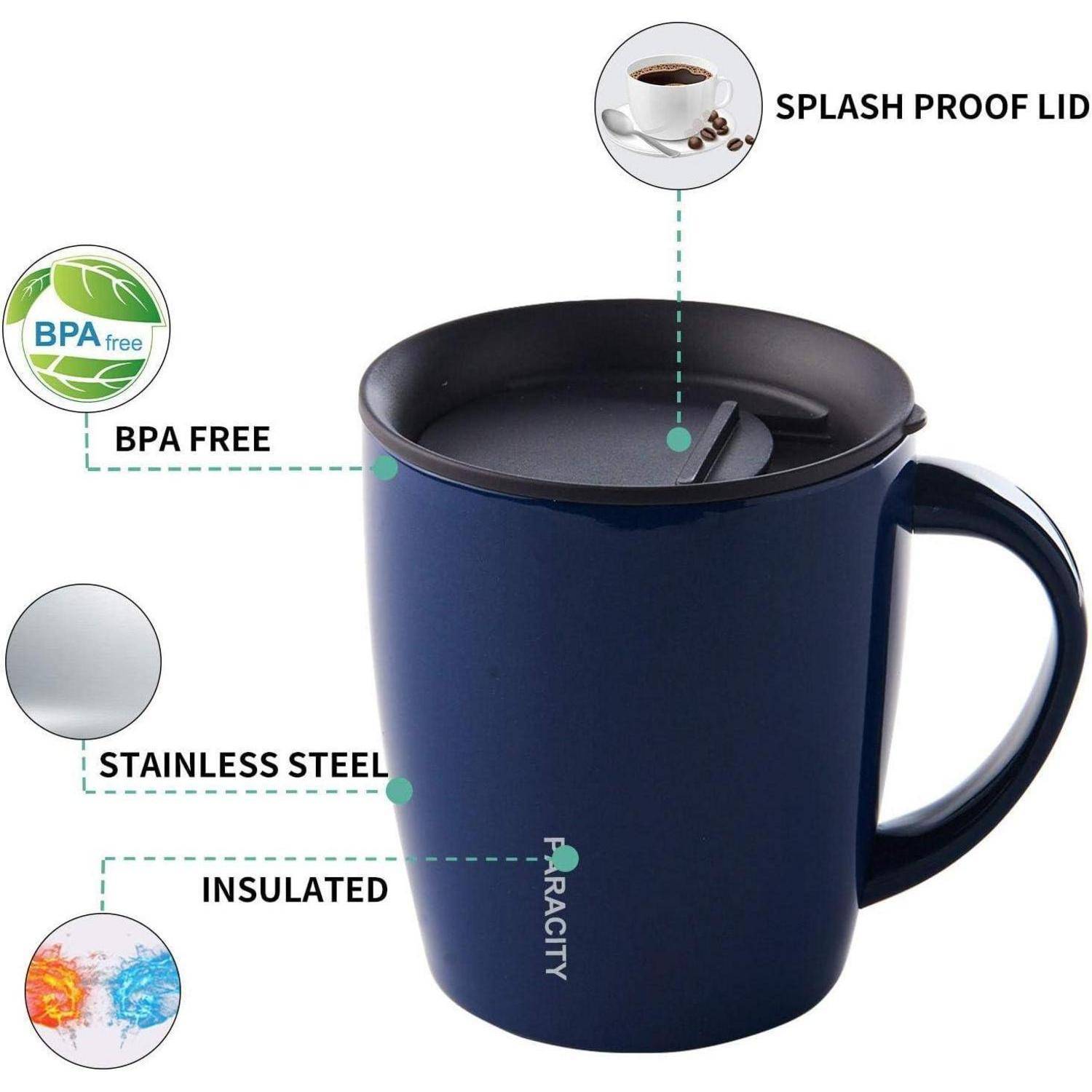 Isolierbecher mit spritzwasserdichtem Deckel, BPA-frei und aus Edelstahl, mit Kaffee dargestellt.