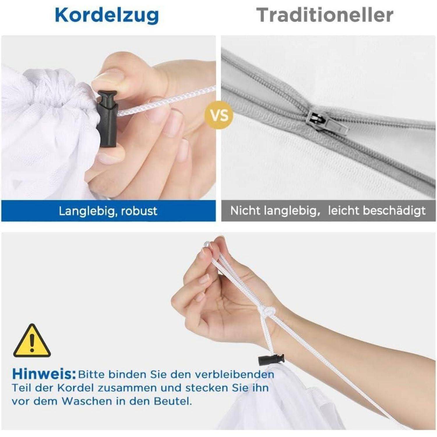 Das Bild vergleicht zwei Taschenabschlüsse: 'Kordelzug' (eine Zugschnur mit Klemme, gekennzeichnet als 'Langlebig, robust') und 'Traditioneller' (ein Reißverschluss, gekennzeichnet als 'Nicht langlebig, leicht beschädigt'). Eine Notiz empfiehlt, den restlichen Teil der Zugschnur vor dem Waschen zusammenzubinden.