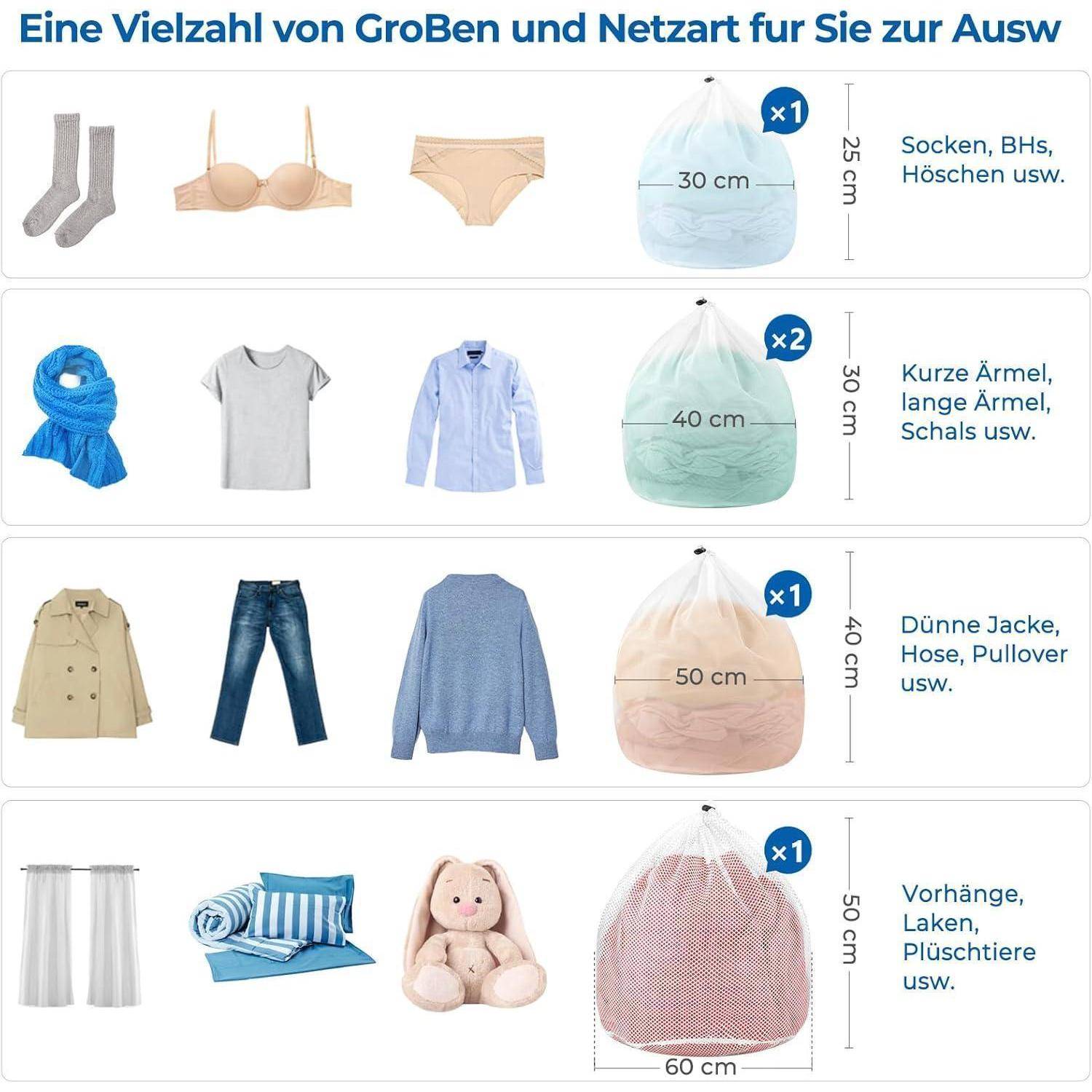 Das Bild zeigt verschiedene Arten von Wäschenetz-Beuteln zum Waschen von Kleidung. Es gibt vier Kategorien mit Größenangaben und geeigneten Kleidungsstücken, die von kleinen Socken und Unterwäsche bis hin zu großen Bettwäschestücken und Plüschtieren reichen.