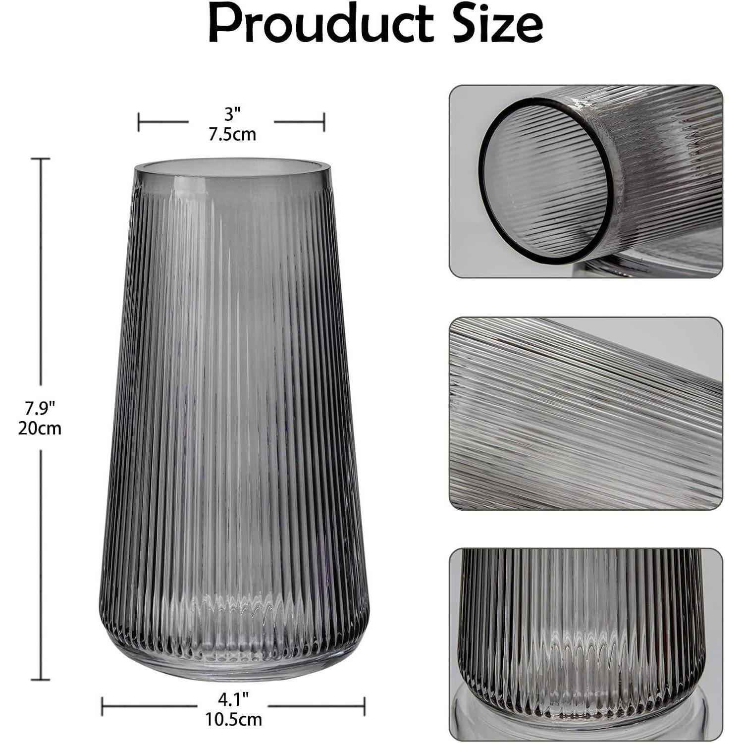 Glasvase, 20 cm hoch, 10,4 cm Durchmesser. Bilder zeigen Seitenansicht, Draufsicht und Texturdetail. Text lautet „Produktgröße