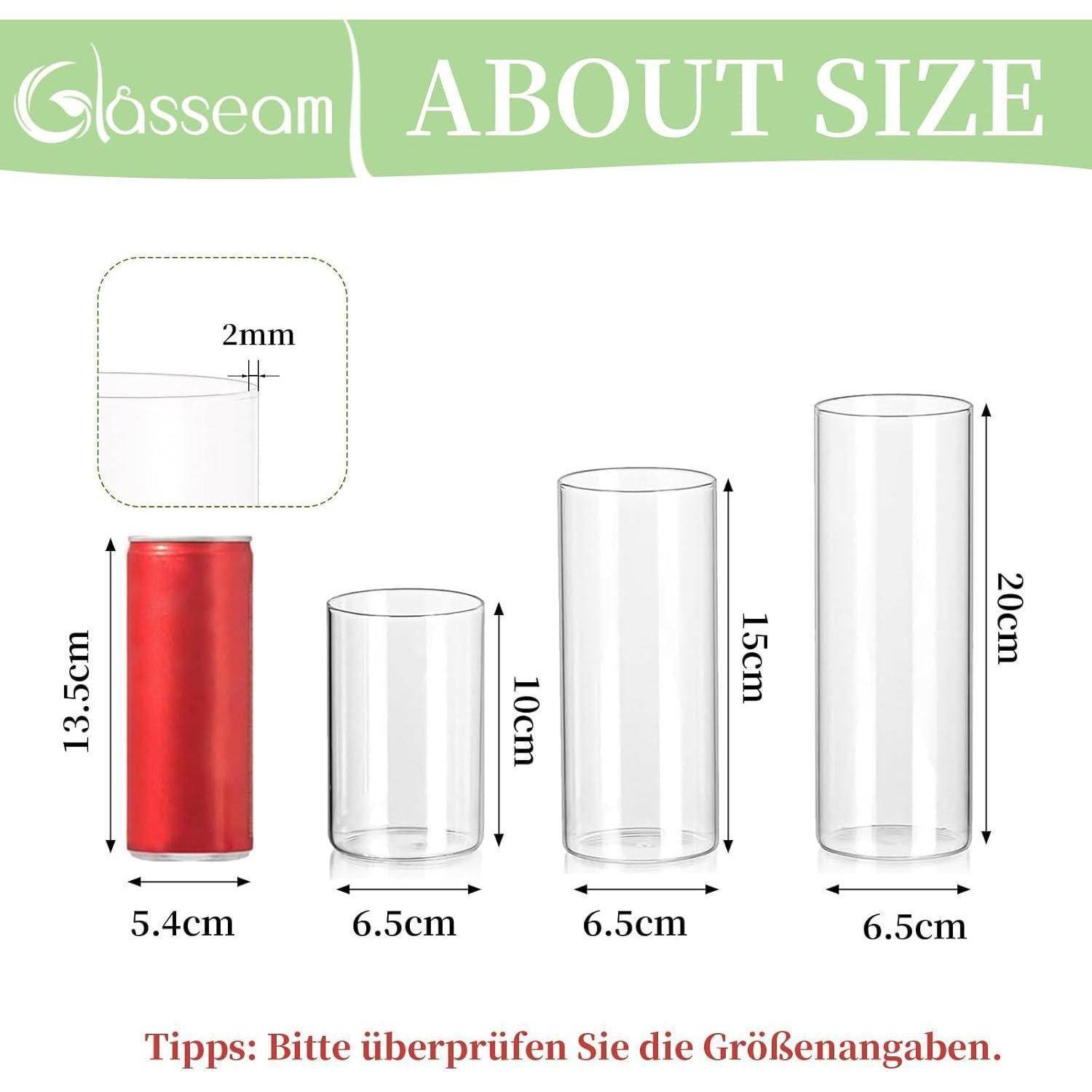 Moderne Glasvase Set 24 Stück 10/15/20cm Blumenvasen Zylindervasen