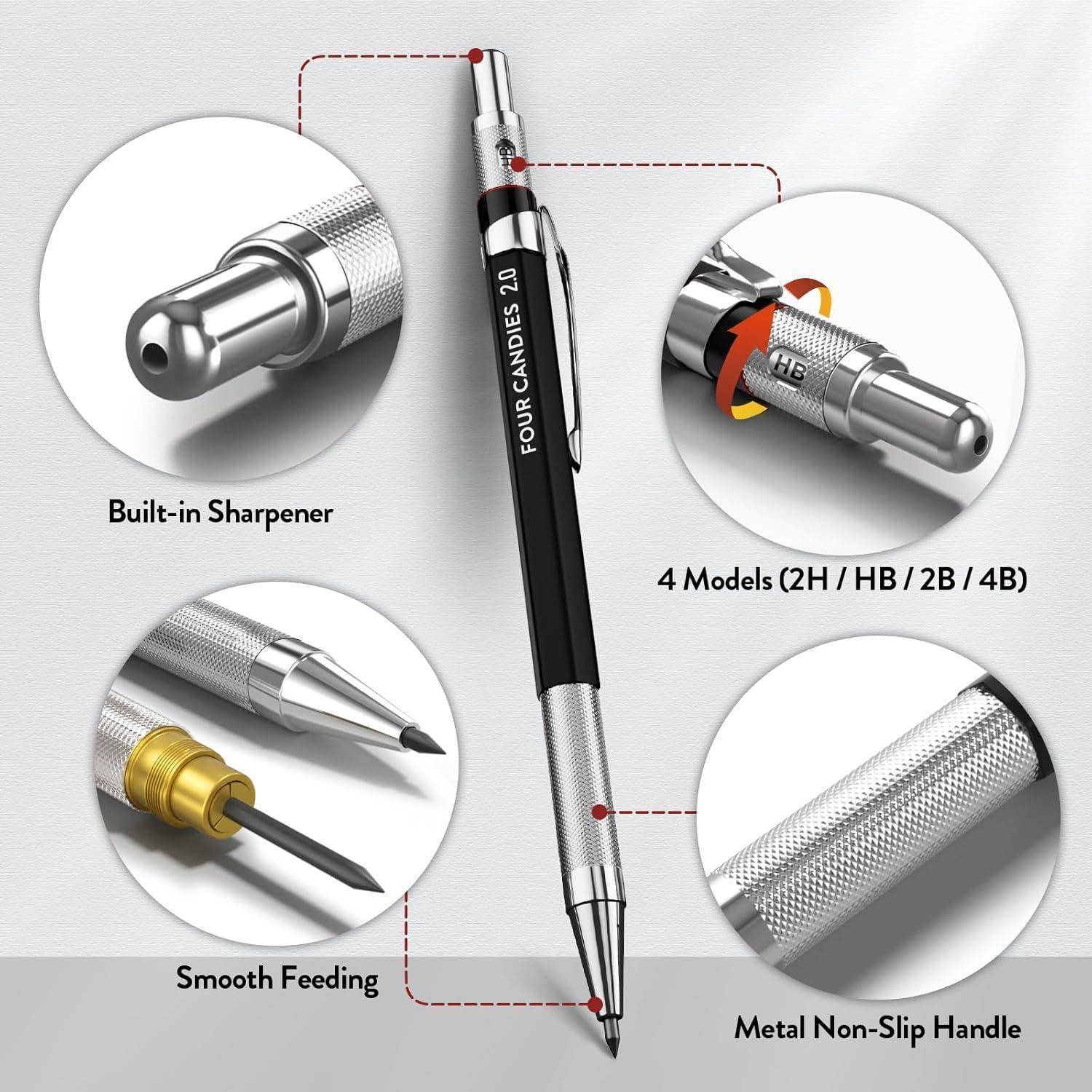 Mechanischer Bleistift mit beschrifteten Funktionen: integrierter Anspitzer, vier Modelle (2H, HB, 2B, 4B), gleitende Bleistiftführung und rutschfester Metallgriff.