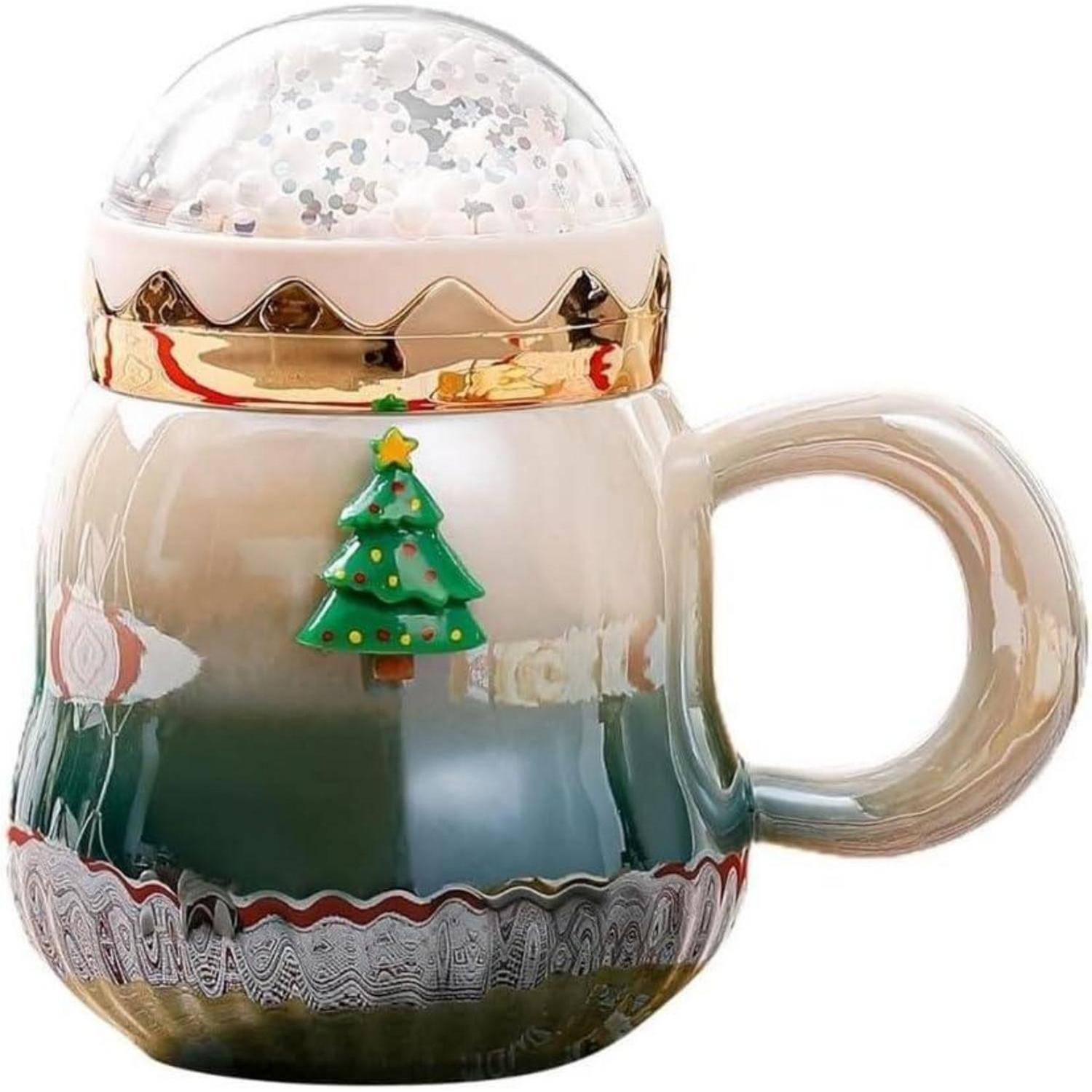 Weihnachtstasse Keramik Perlenglanz Kaffeetasse mit Deckel 450ml Grün