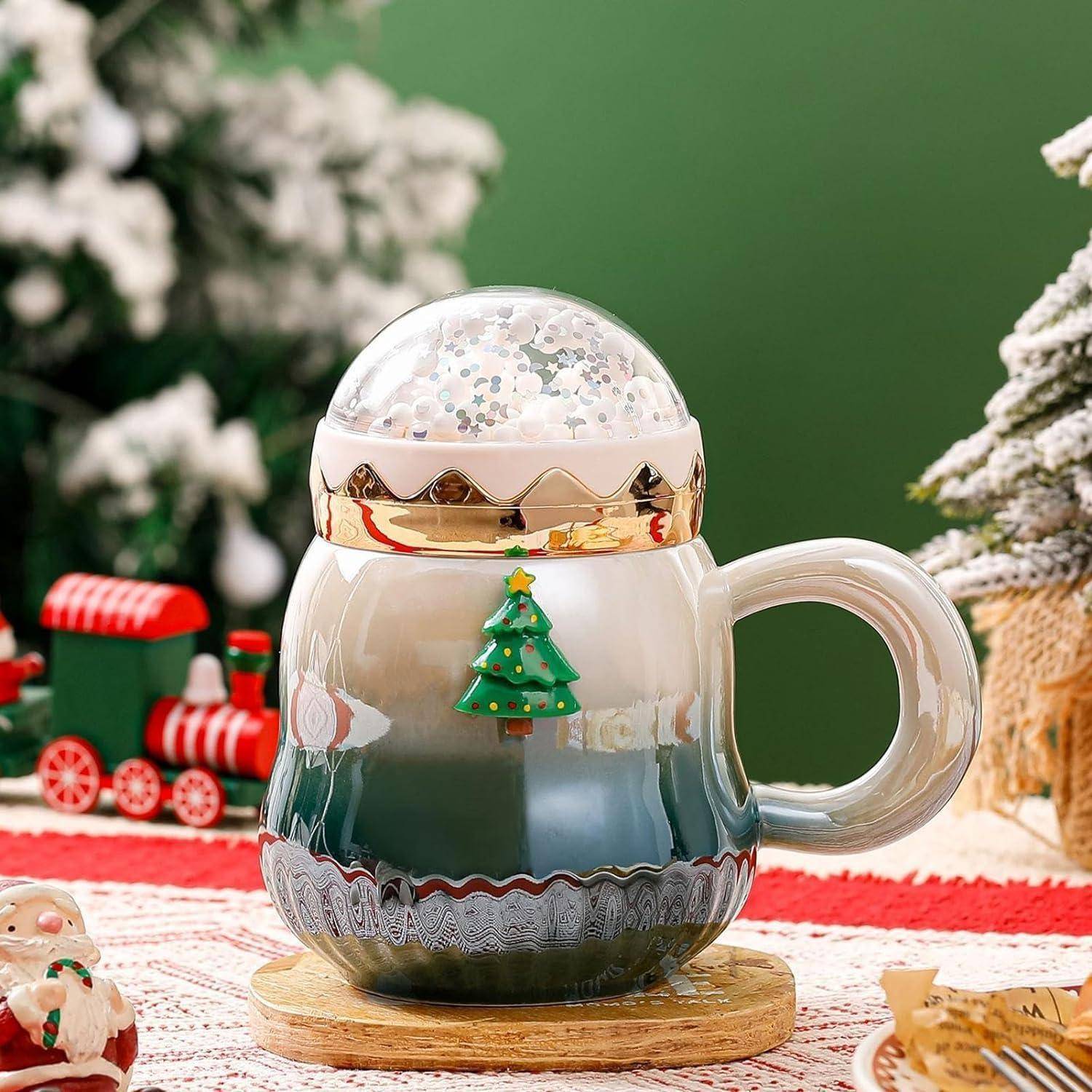 Weihnachtstasse Keramik Perlenglanz Kaffeetasse mit Deckel 450ml Grün