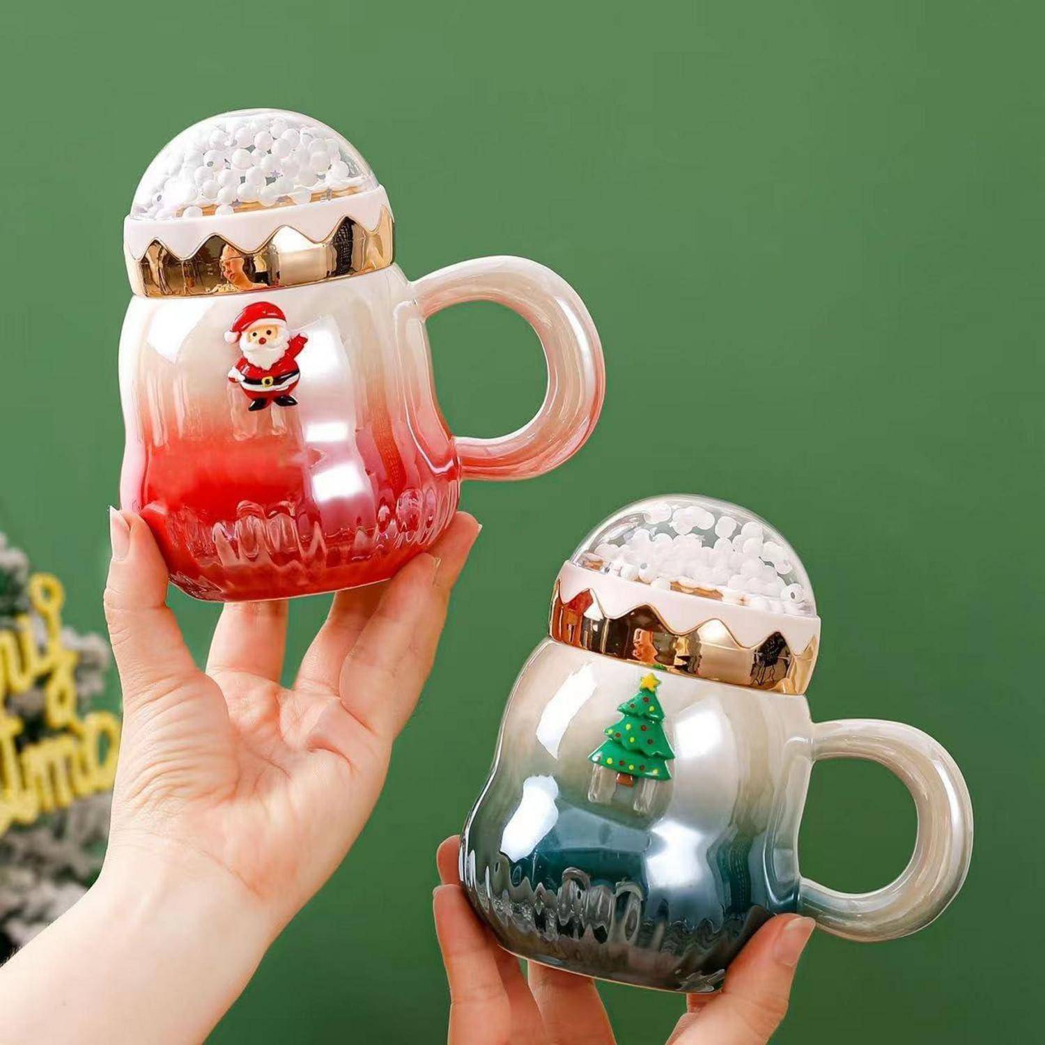 Weihnachtstasse Keramik Perlenglanz Kaffeetasse mit Deckel 450ml Grün