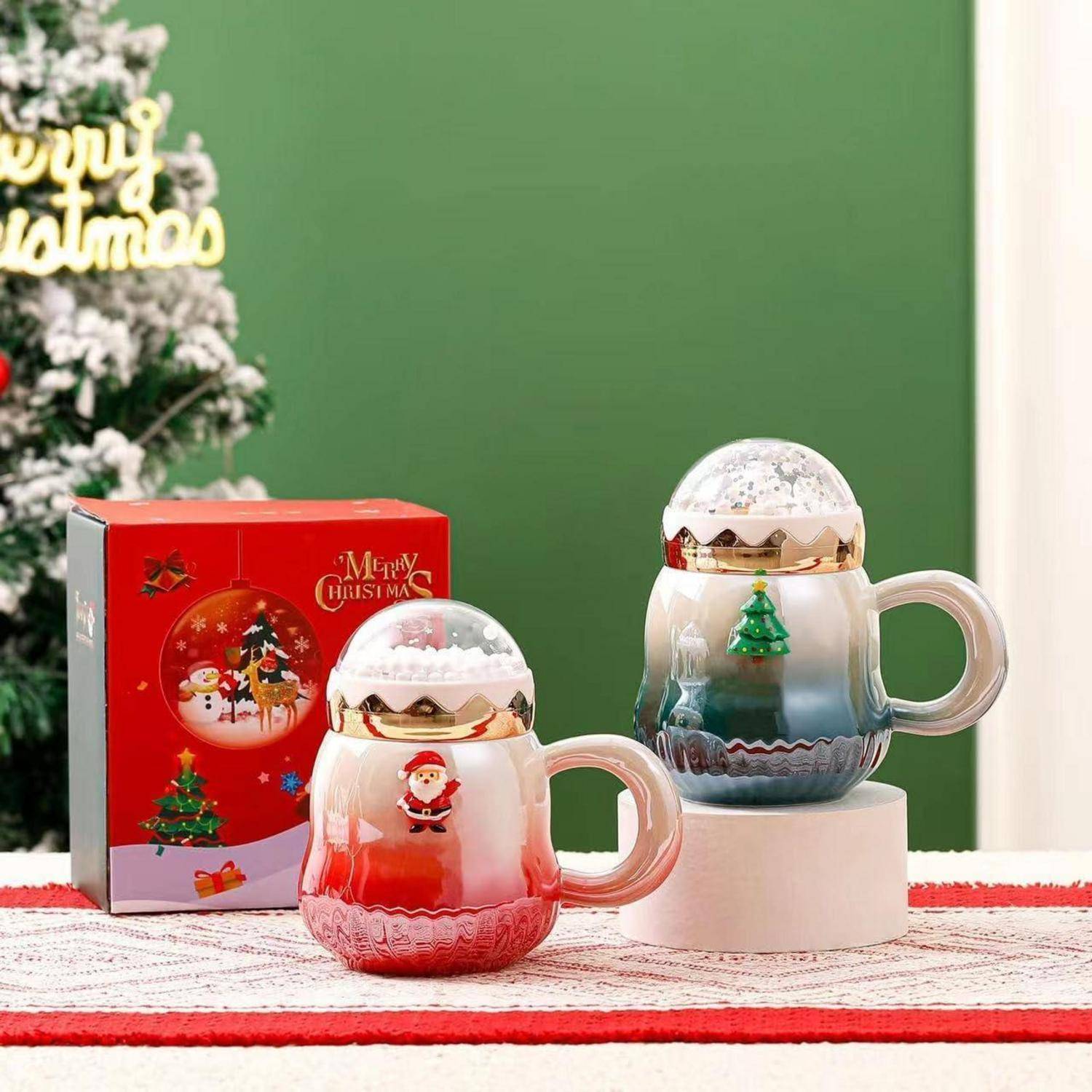 Weihnachtstasse Keramik Perlenglanz Kaffeetasse mit Deckel 450ml Grün