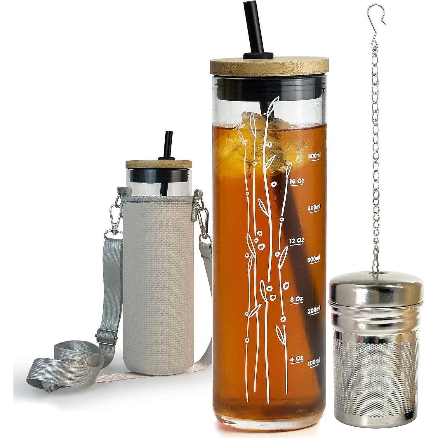 600ml Trinkbecher Glas Strohhalm Bambusdeckel - Grau