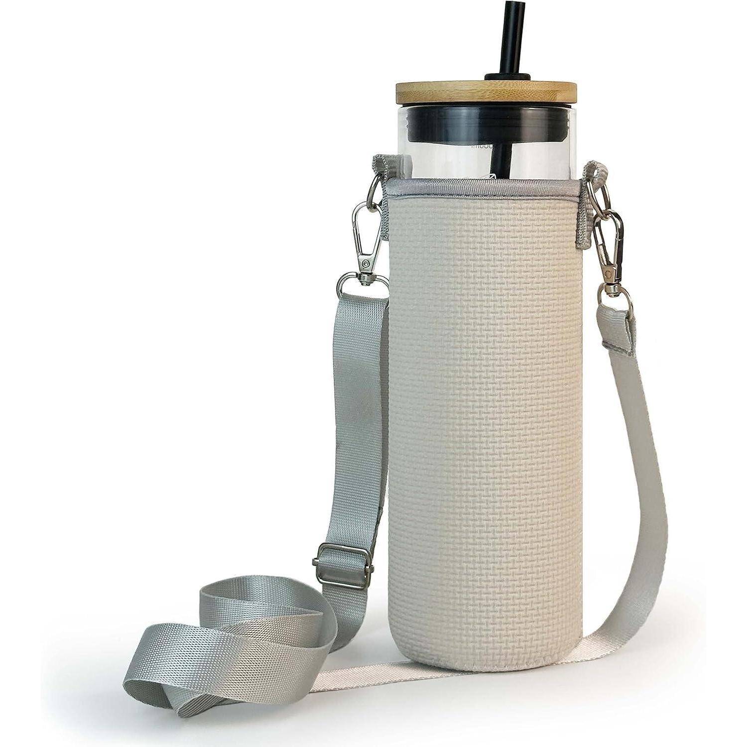 600ml Trinkbecher Glas Strohhalm Bambusdeckel - Grau