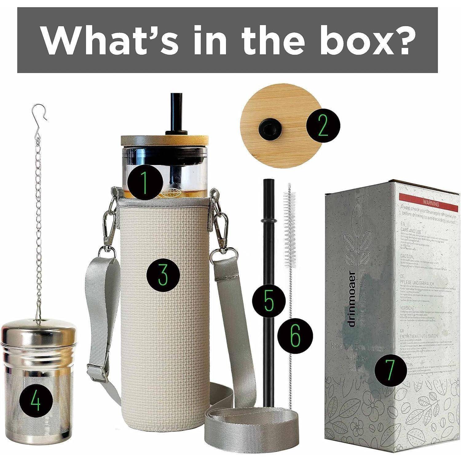 600ml Trinkbecher Glas Strohhalm Bambusdeckel - Grau