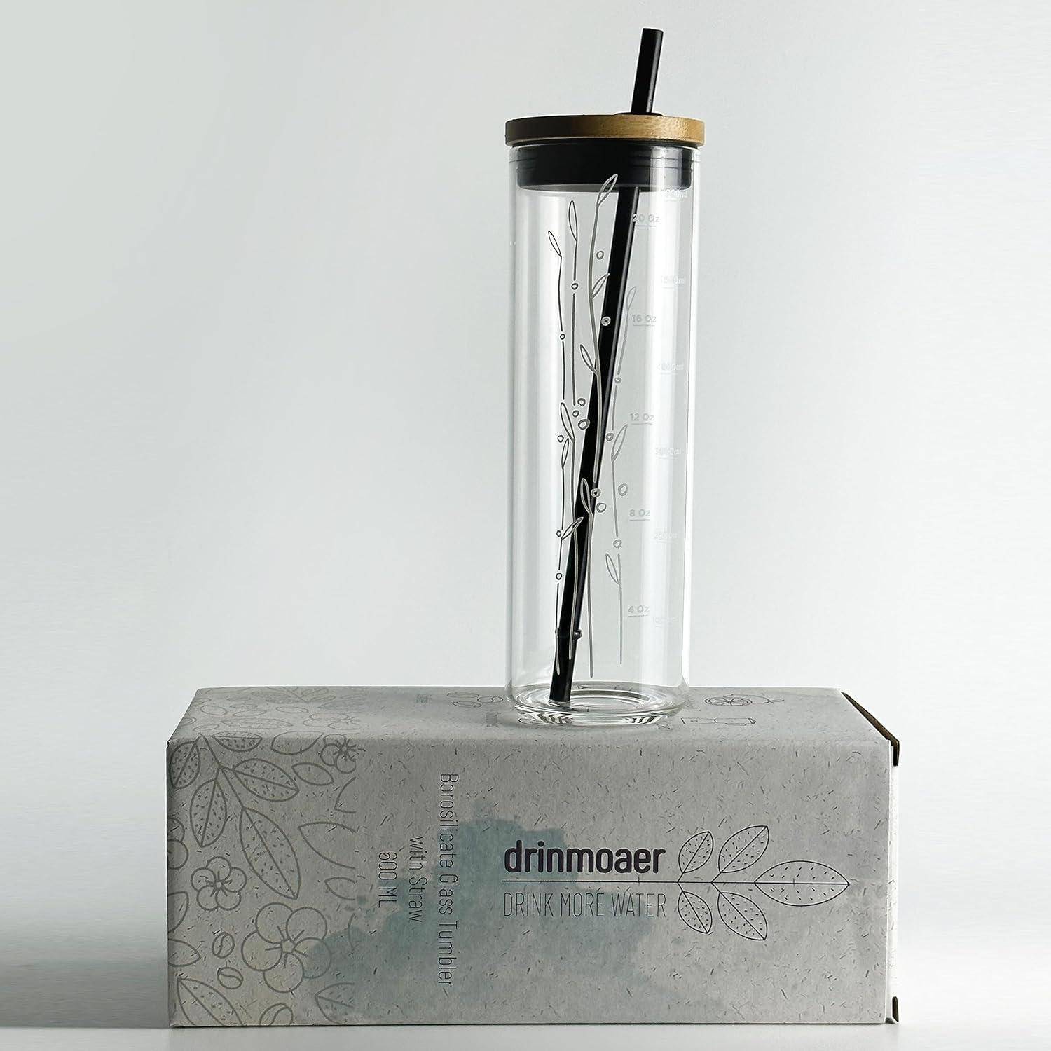 600ml Trinkbecher Glas Strohhalm Bambusdeckel - Grau